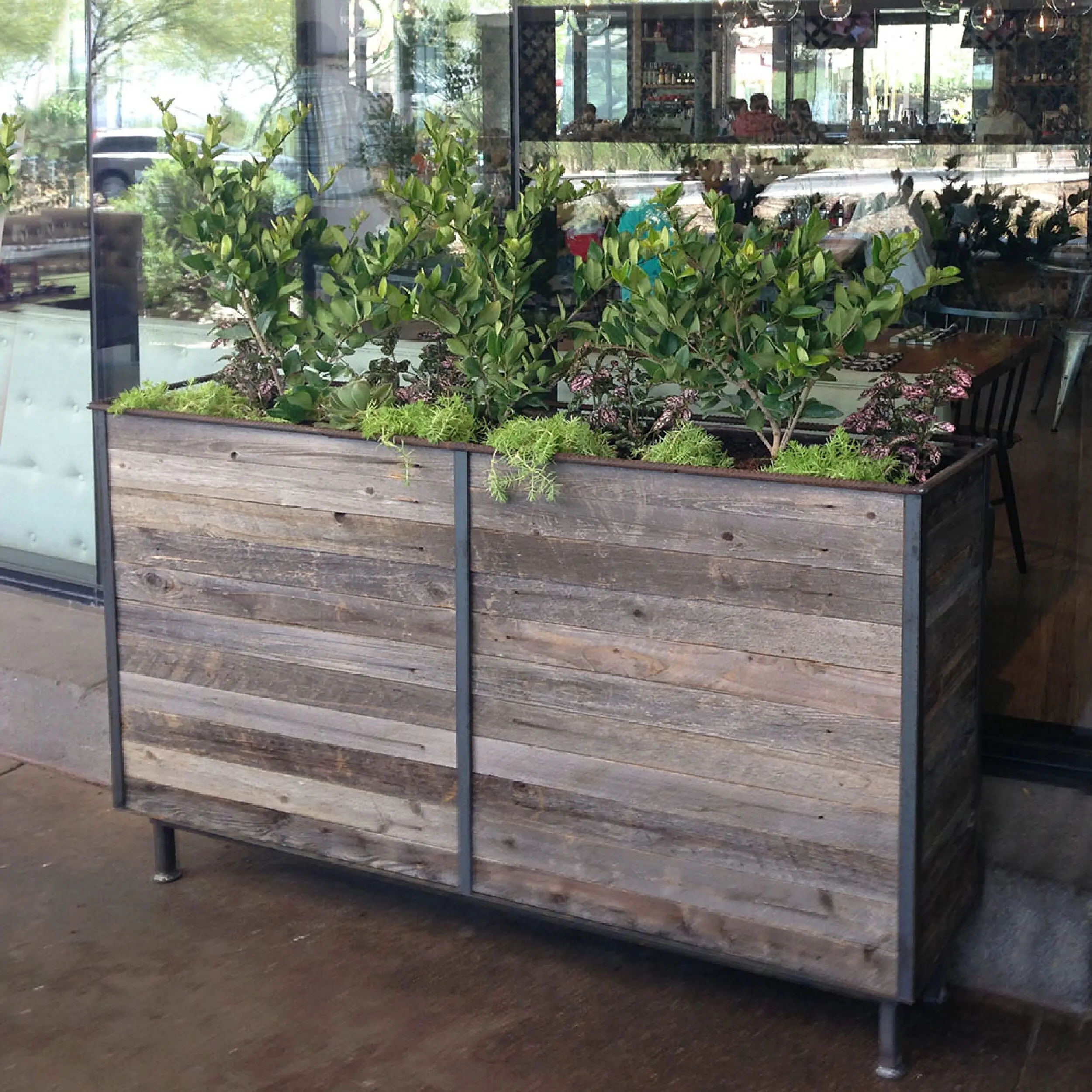 Bespoke Combination Industrial Cafe Planter Combination Industrial Cafe Planter Design Options Made From Metal & Wood, Commercial Planters, Commercial Cafe Planter, Handmade Cafe Planter, Wooden Planters, Bespoke Cafe Planters, Custom Made Planters, Wood Planter, Outdoor Planters