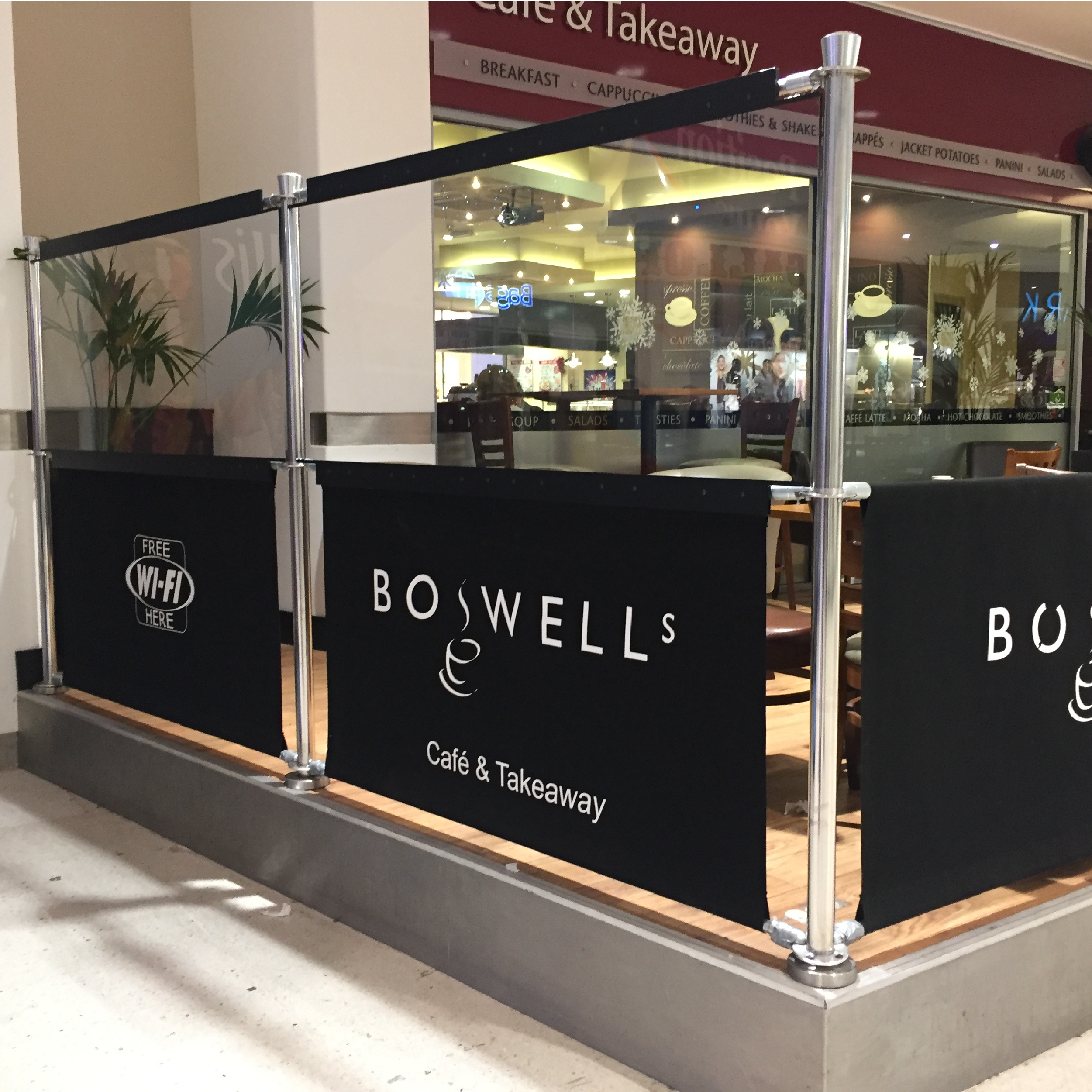 Boswells - Acrylic Cafe Panels Café Barrier Acrylic Screens & Canvas Café Banners for Boswells Café. bespoke Café screens