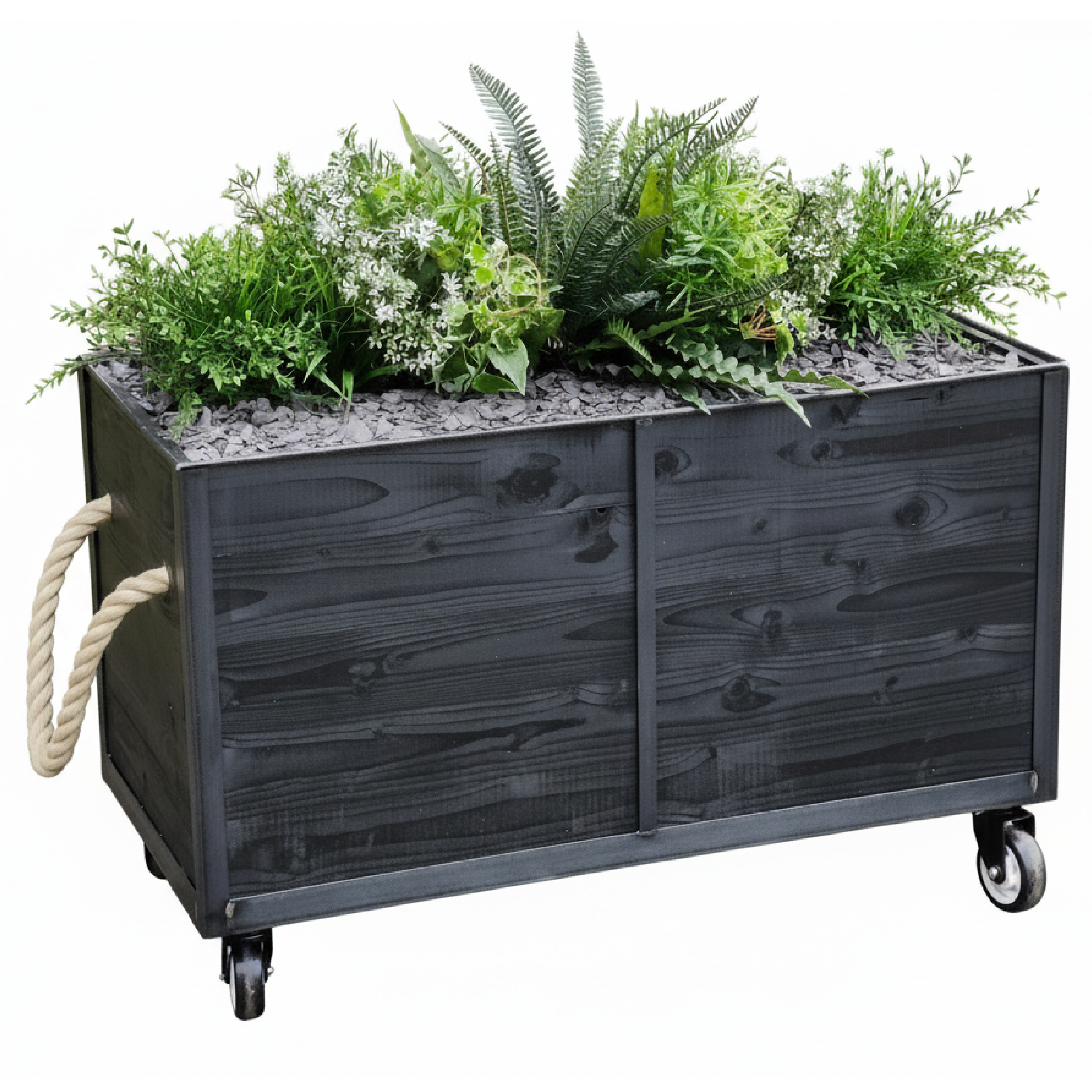 Combination Industrial Cafe Planter - Black Painted Finish and with Faux Plants Kino, Leeds Combination Industrial Cafe Planters in Black Finish