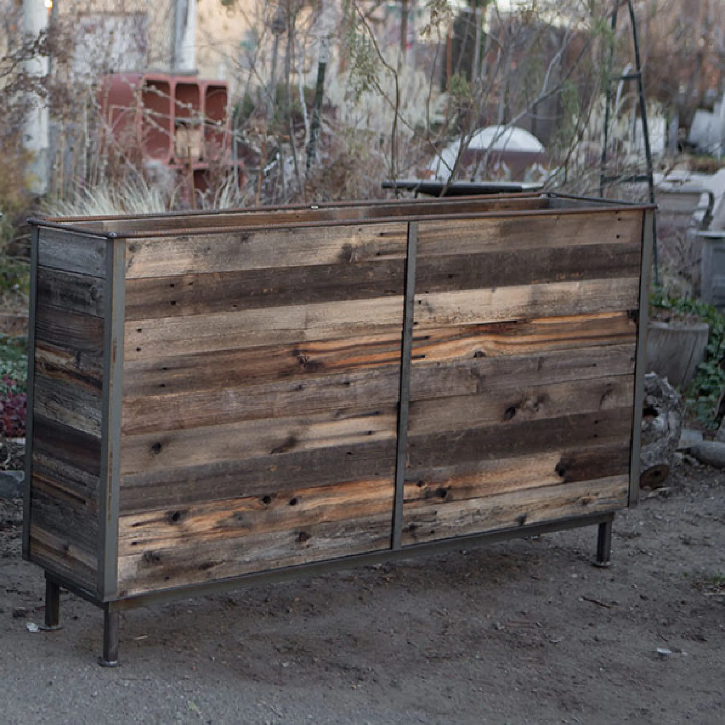 Combination Industrial Cafe Planter - Varnish Reclaimed Wood Combination Industrial Cafe Planter Design Options Made From Recycled Wood, Commercial Planters, Commercial Cafe Planter, Handmade Cafe Planter, Wooden Planters, Bespoke Cafe Planters, Custom Made Planters, Wood Planter, Outdoor Planters
