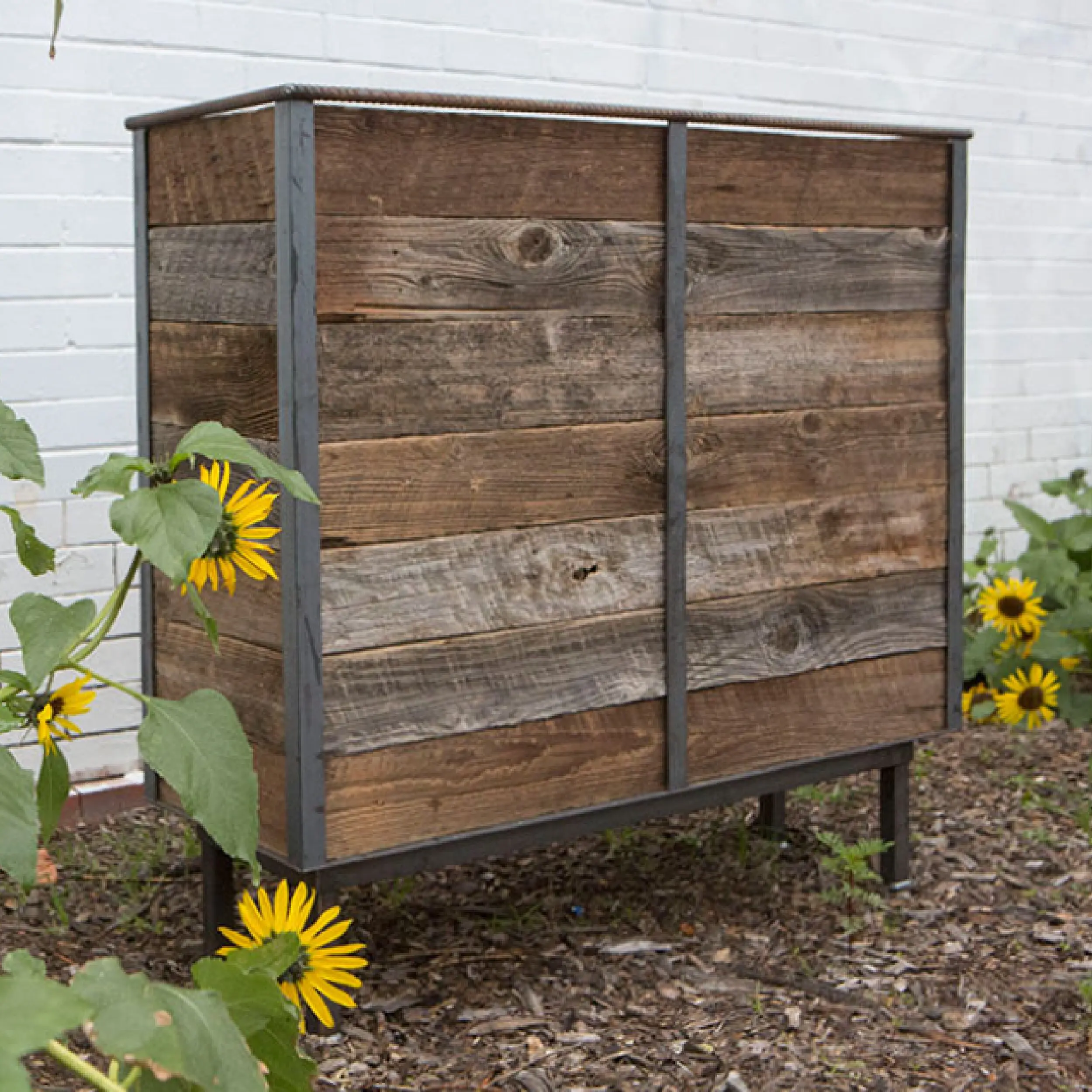 Combination Industrial Cafe Planter in Garden Commercial Combination Industrial Cafe Planter Design Options Made From Metal & Wood, Commercial Planters, Commercial Cafe Planter, Handmade Cafe Planter, Wooden Planters, Bespoke Cafe Planters, Custom Made Planters, Wood Planter, Outdoor Planters