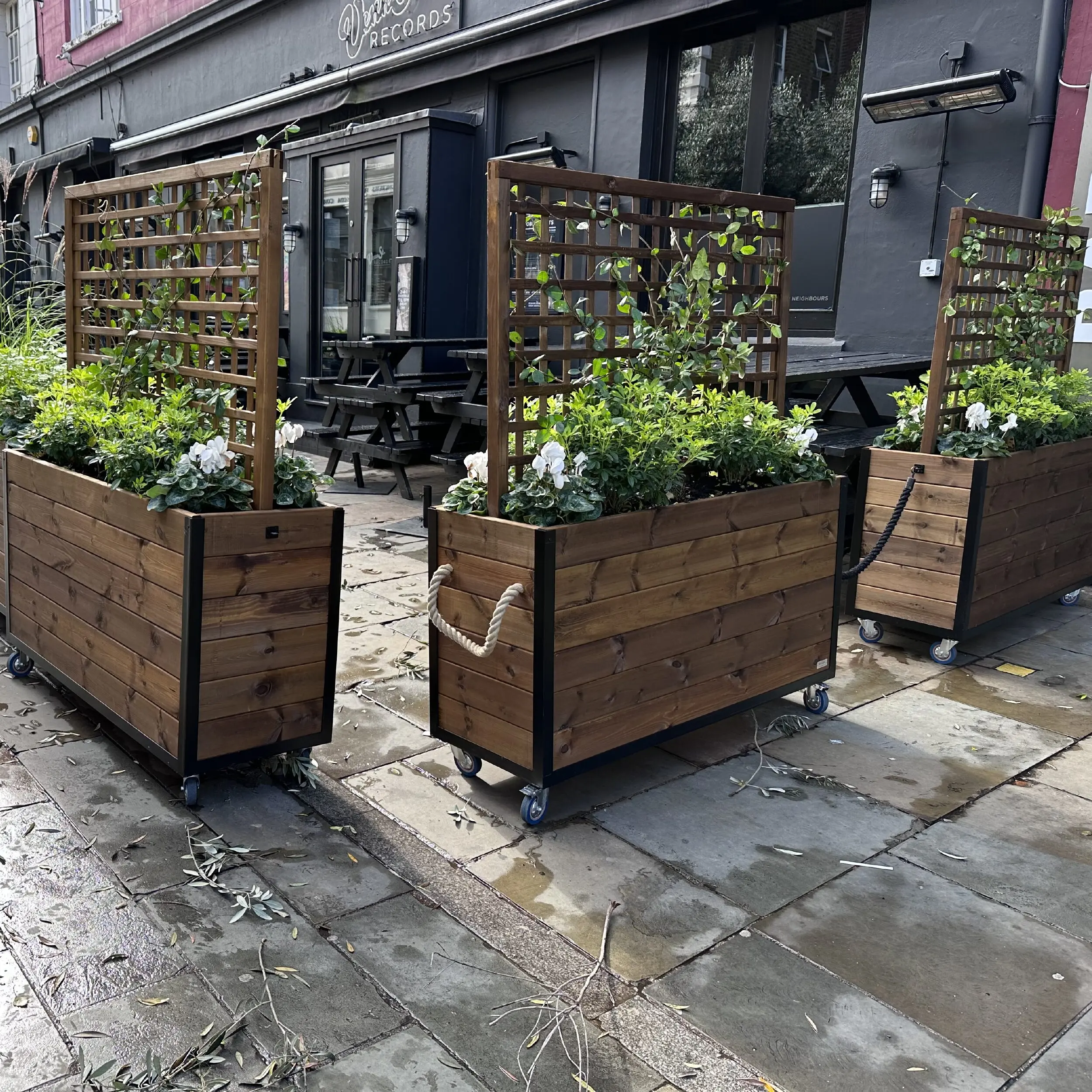 Venn Street 1 - Baylis Trellis Industrial Cafe Planter Wooden and Metal Baylis Trellis Industrial Cafe Planter with Rope Handles & Castors, Commercial Planters, Commercial Cafe Planter, Handmade Cafe Planter, Wooden Planters, Bespoke Cafe Planters, Custom Made Planters, Wood Planter, Outdoor Planters