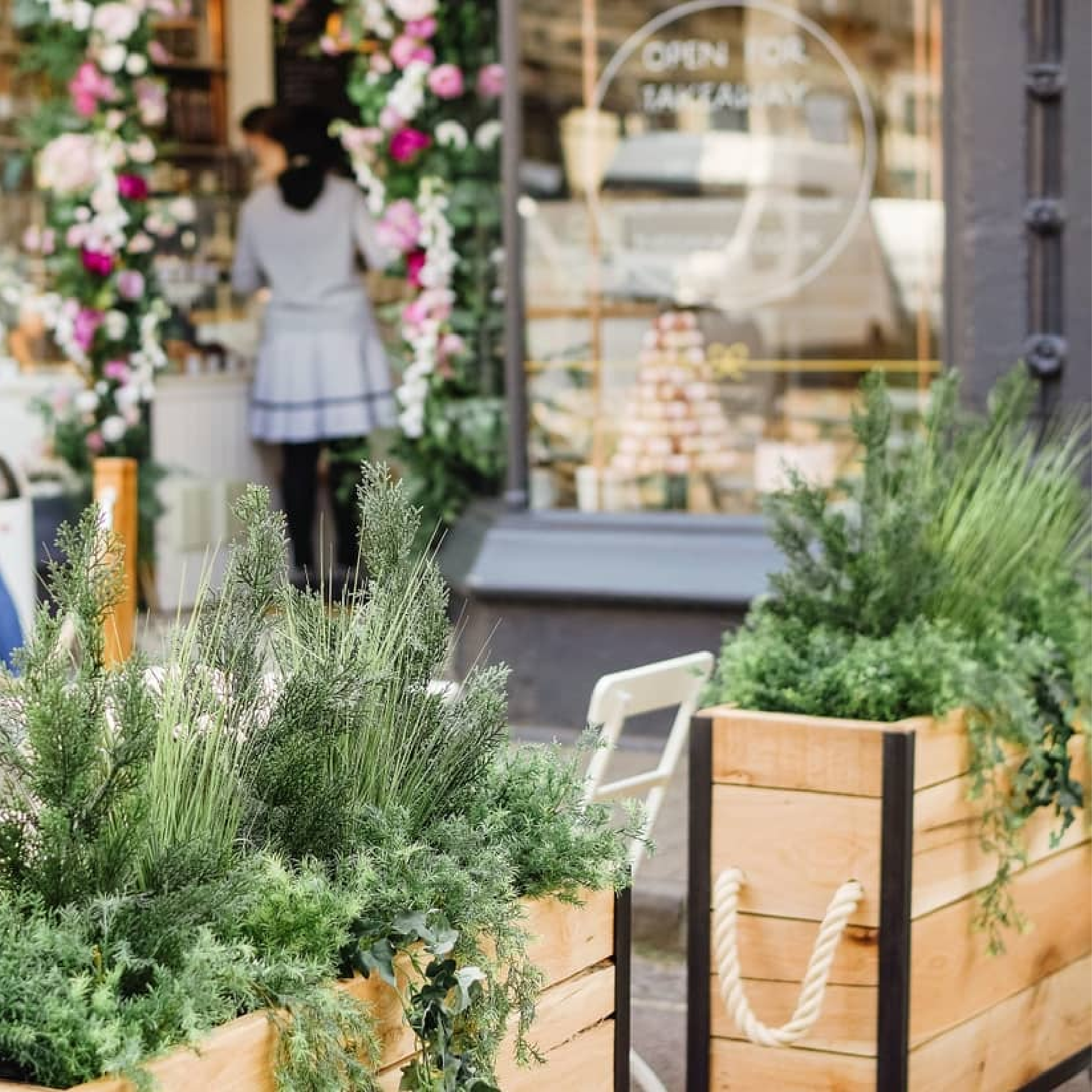 Anna Couture - Baylis Industrial Cafe Planter Custom Made Wooden & Metal Baylis Industrial Commercial Café Planters on Wheels for Anne's Bakery which are made in the UK.