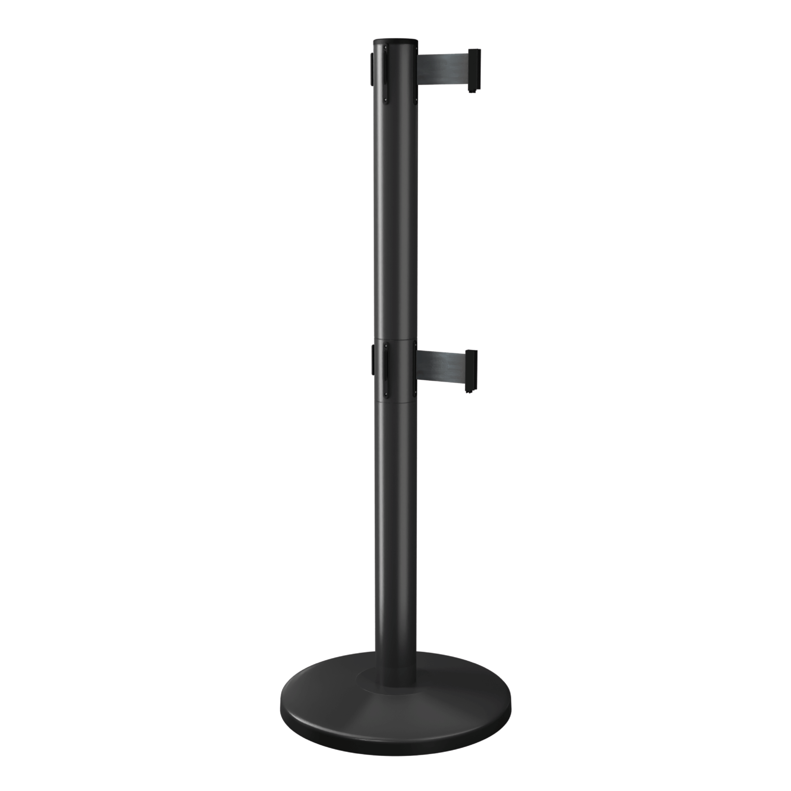 Black QueueMaster Twin Retractable Barrier Post with Black Tape Black QueueMaster Twin Retractable Barrier Post with Black Tape, Retracting Barrier Post, Retractable Stanchion, Metal Retractable Barrier, Commercial Retractable
