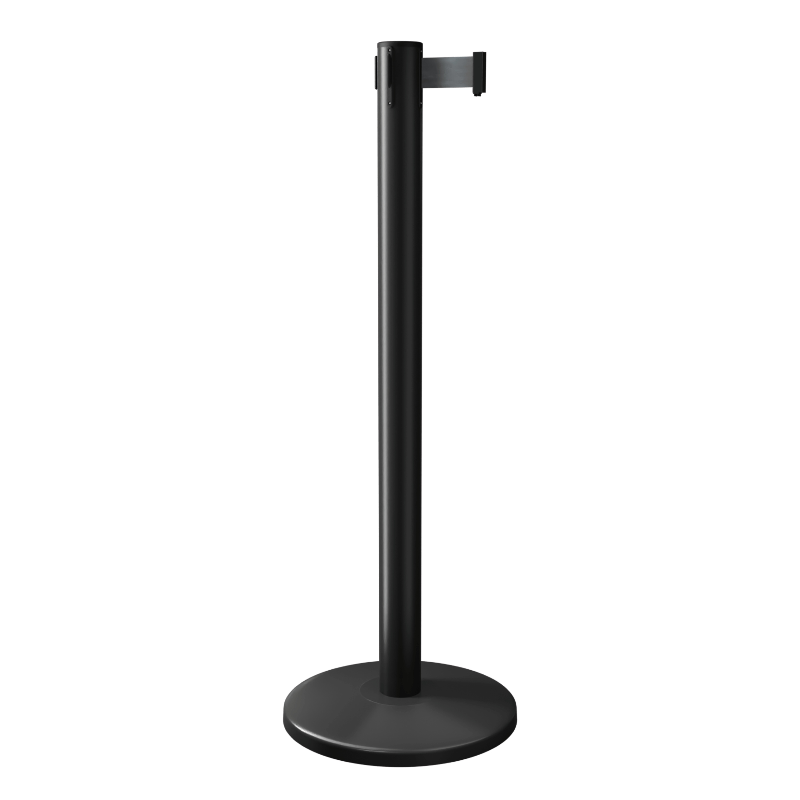 Black QueueMaster Retractable Barrier Post with Black Tape Black QueueMaster Retractable Barrier Post with Black Tape, Retracting Barrier Post, Retractable Stanchion, Metal Retractable Barrier, Commercial Retractable