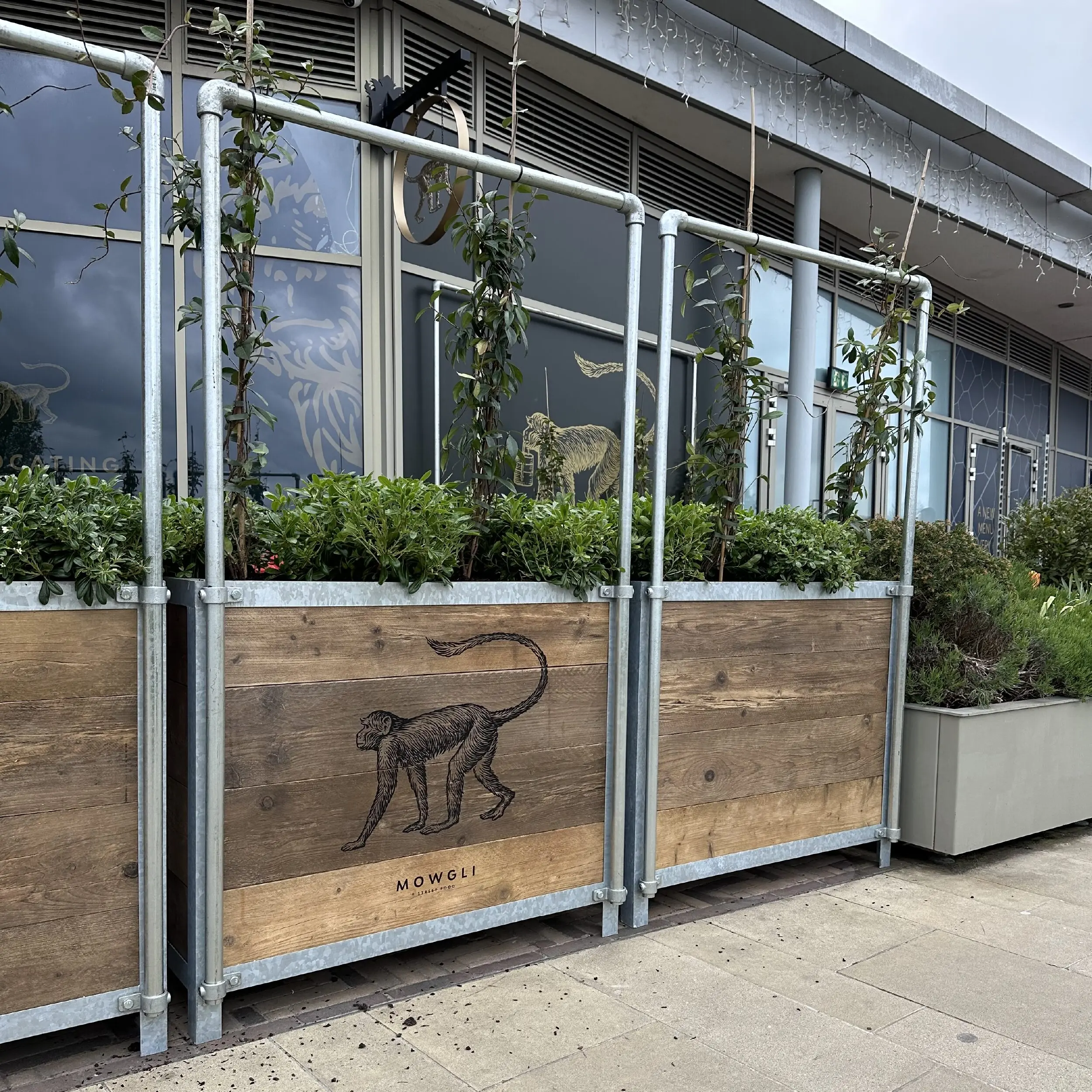 Mowgli Oxford - Baylis Industrial Cafe Planter Mowgli Baylis Industrial Cafe Planters, Wooden Planters, Commercial Planters, Bespoke Planters, Planter with Trellis, Outdoor Planters, Hospitality Planters, Custom-Made Planters, Cafe Planters, Planters on Wheels, Moveable Planters, Black Ropes
