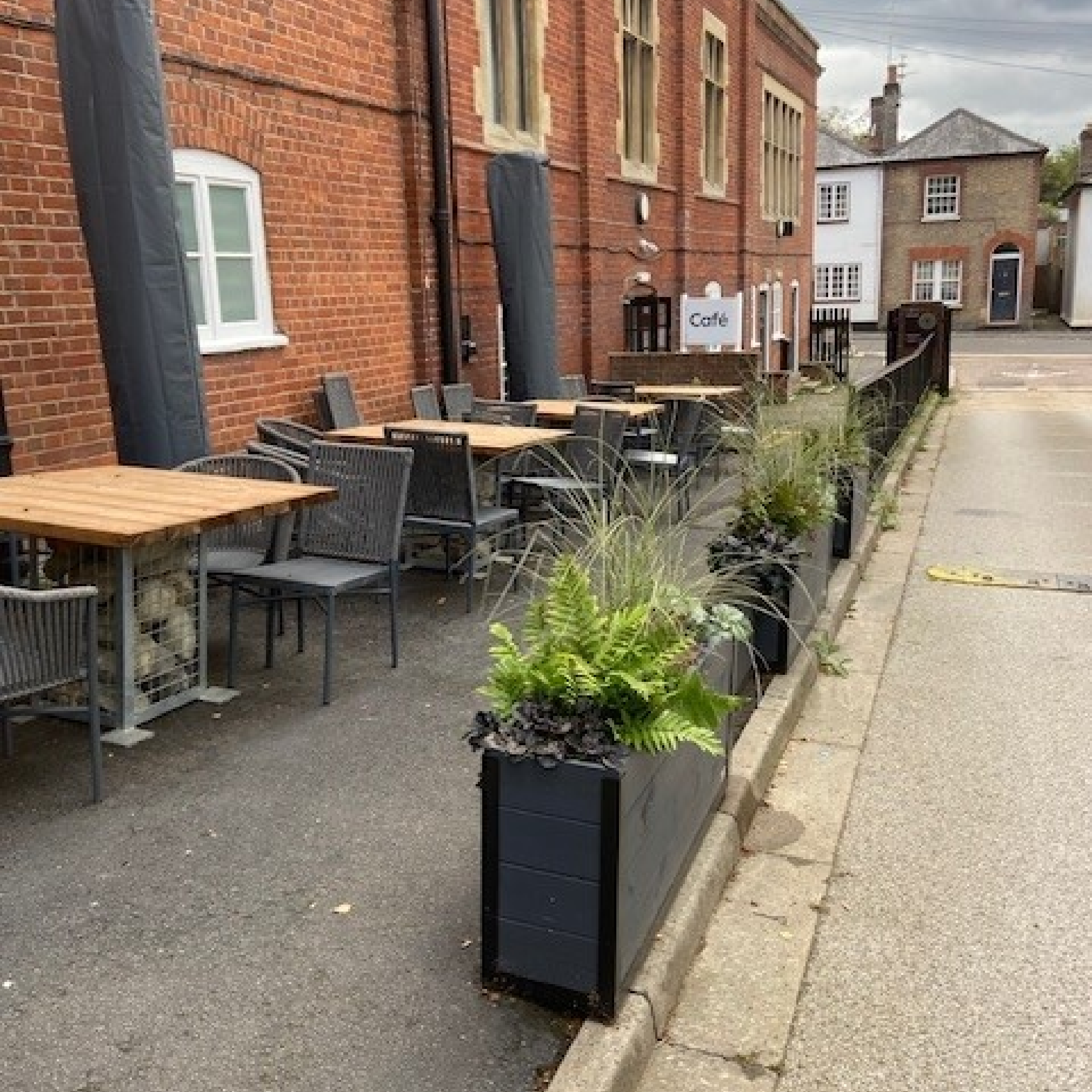 Natural History Museum Tring Cafe - Baylis Industrial Cafe Planter Natural History Museum Baylis Industrial Cafe Planters, Wooden Planters, Commercial Planters, Bespoke Planters, Planter with Trellis, Outdoor Planters, Hospitality Planters, Custom-Made Planters, Cafe Planters, Planters on Wheels, Moveable Planters, Black Ropes