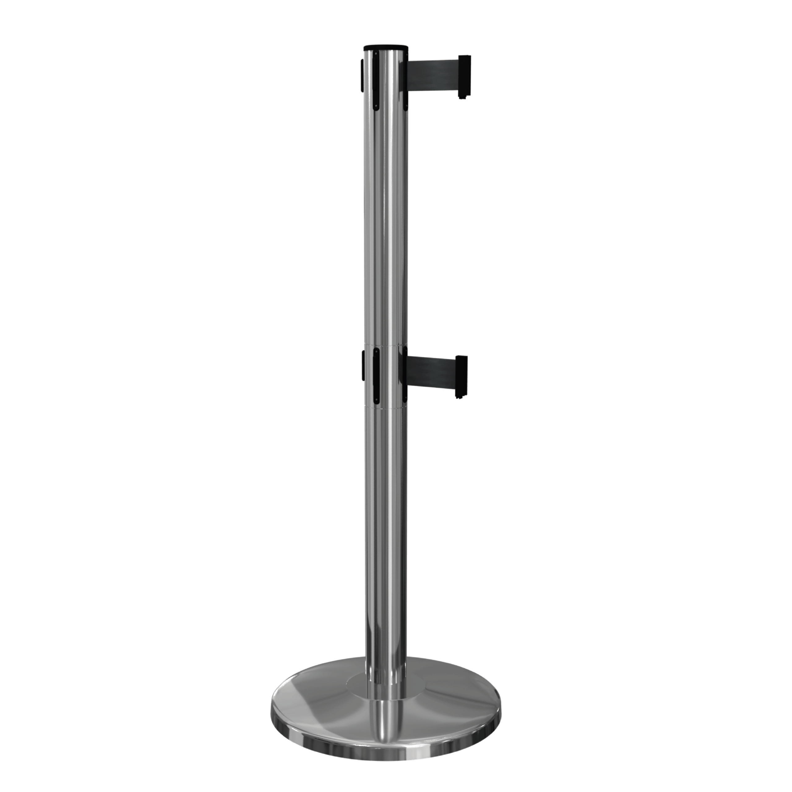 Polished Stainless Steel QueueMaster Twin Retractable Barrier Post with Black Tape Polished Stainless Steel QueueMaster Twin Retractable Barrier Post with Black Tape, Retracting Barrier Post, Retractable Stanchion, Metal Retractable Barrier, Commercial Retractable