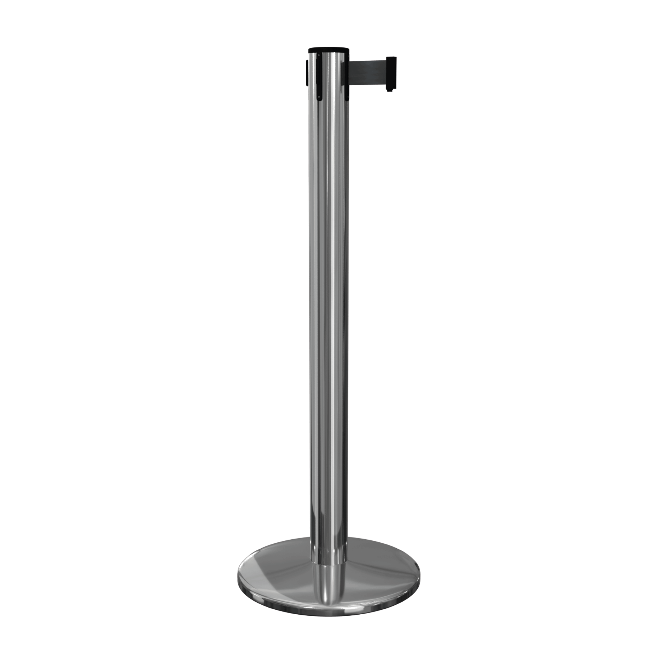 Polished Stainless Steel QueuePro 300 Retractable Barrier Post with Black Tape Polished Stainless Steel QueuePro 300 Retracting Barrier Post, Retractable Stanchion, Metal Retractable Barrier, Commercial Retractable