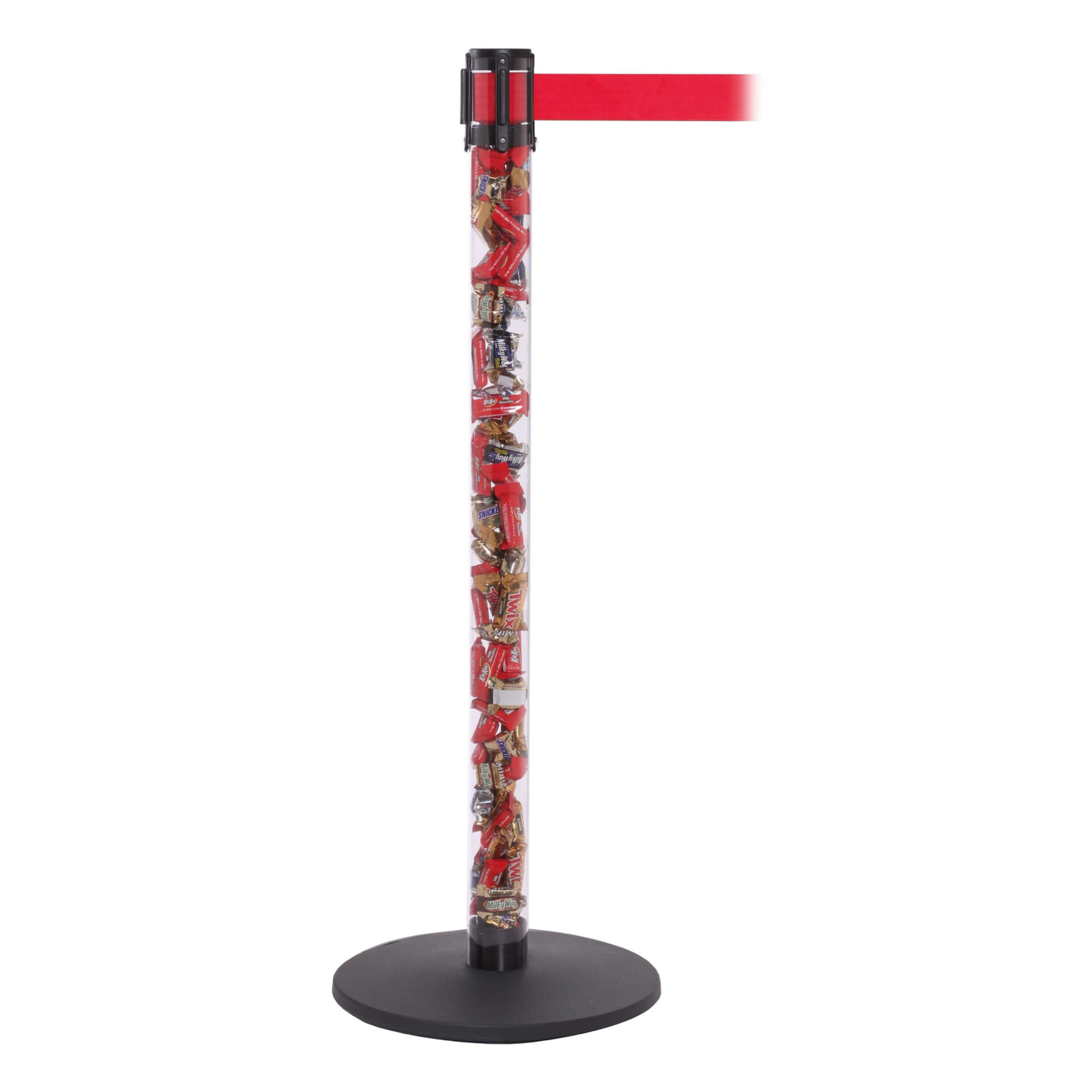 QueuePro 251 Clear Free Standing Retractable Barrier Post with Red Tape. Design with Confectionary inside QueuePro 251 Clear Free Standing Retractable Barrier Post with Red Tape. Design with Confectionary inside, Retracting Barrier Post, Retractable Stanchion, Metal Retractable Barrier, Commercial Retractable
