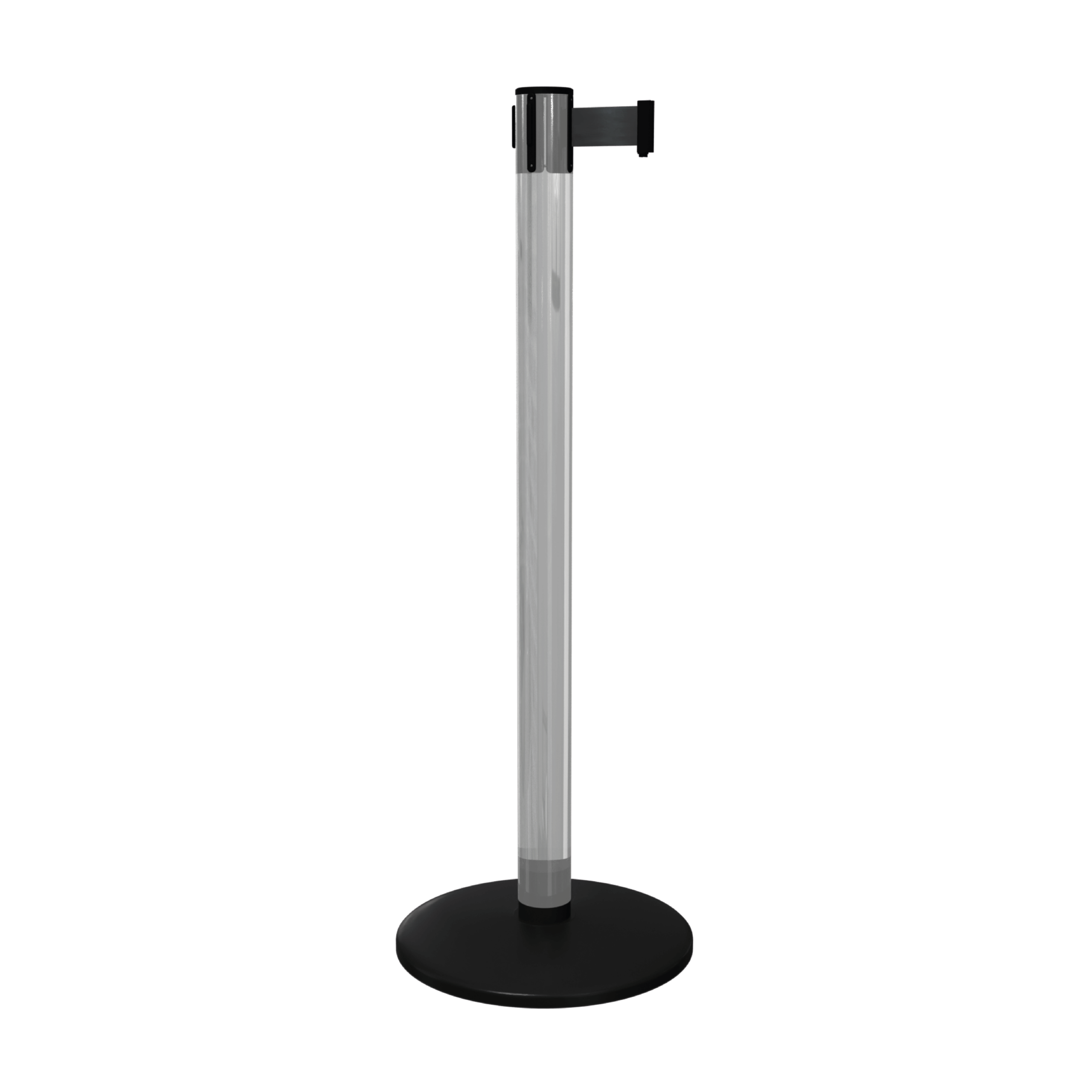 QueuePro 251 Clear Free Standing Retractable Barrier Post with Black Tape QueuePro 251 Clear Free Standing Retractable Barrier Post with Black Tape, Retracting Barrier Post, Retractable Stanchion, Metal Retractable Barrier, Commercial Retractable