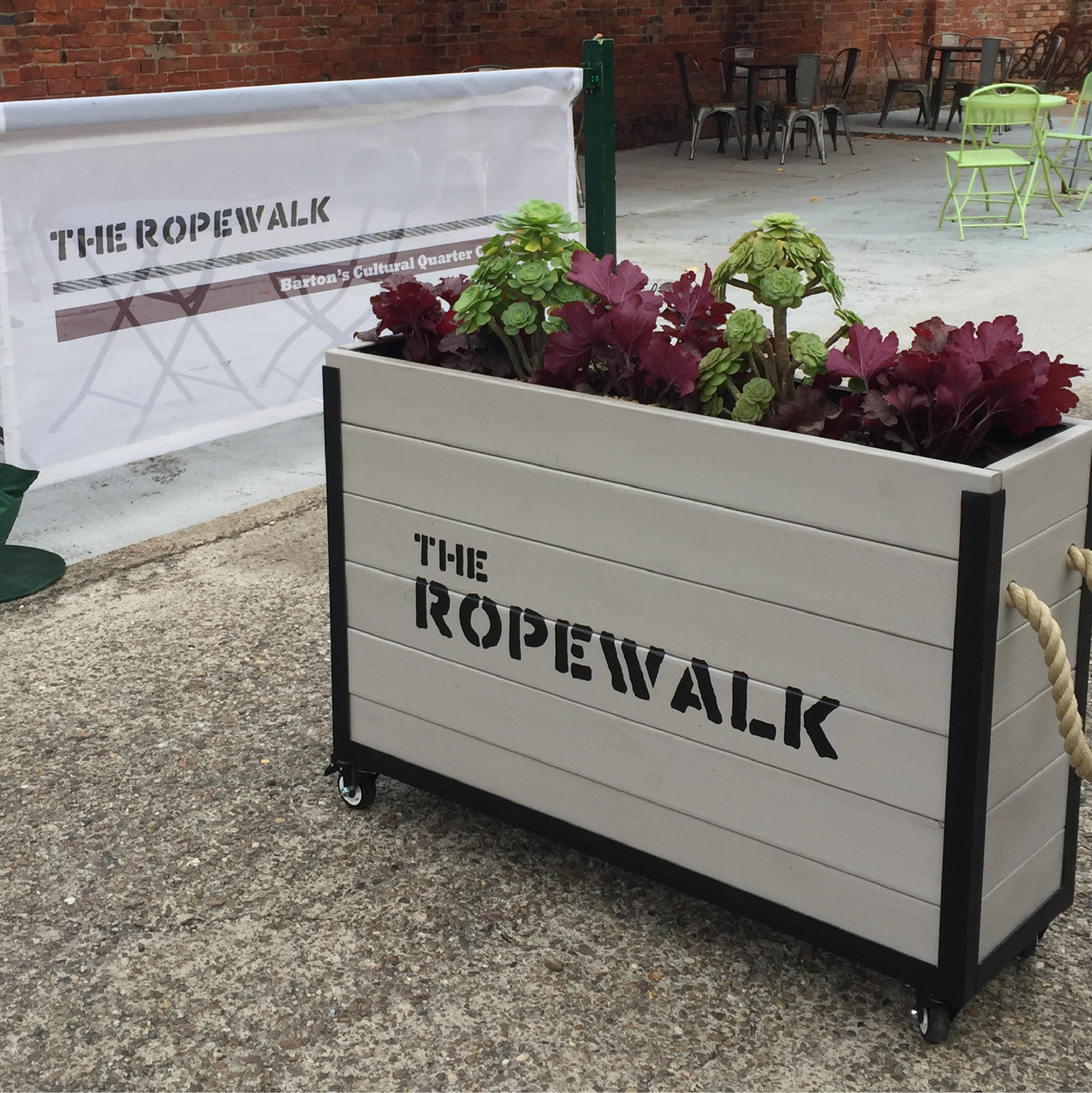 Ropewalk - Baylis Industrial Cafe Planter Commercial Baylis Industrial Wooden Cafe Planter with Polyhemp Barrier Rope Handles, Real Plants & Castors for The Ropewalk