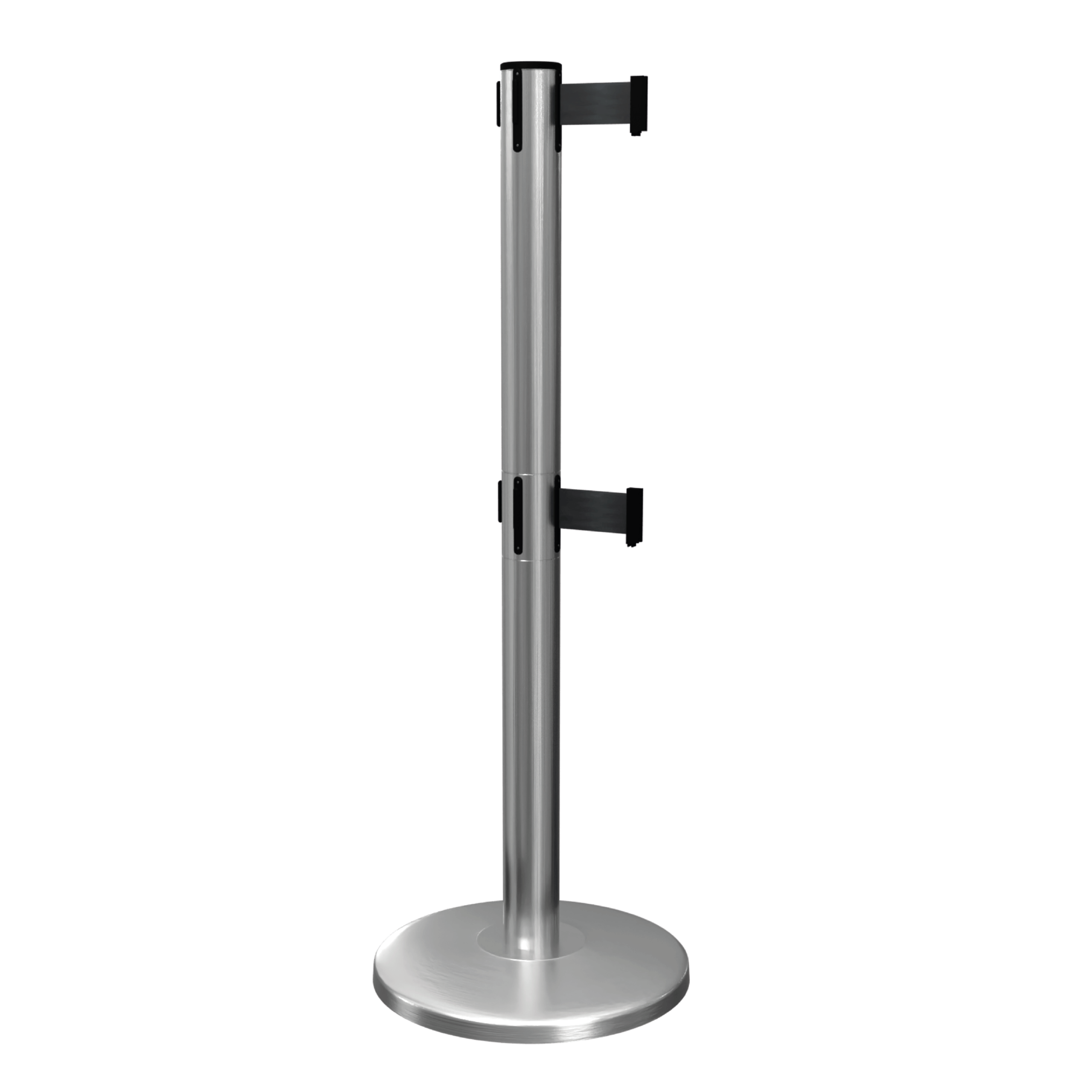 Satin Stainless Steel QueueMaster Twin Retractable Barrier Post with Black Tape Satin Stainless Steel QueueMaster Twin Retractable Barrier Post with Black Tape, Retracting Barrier Post, Retractable Stanchion, Metal Retractable Barrier, Commercial Retractable