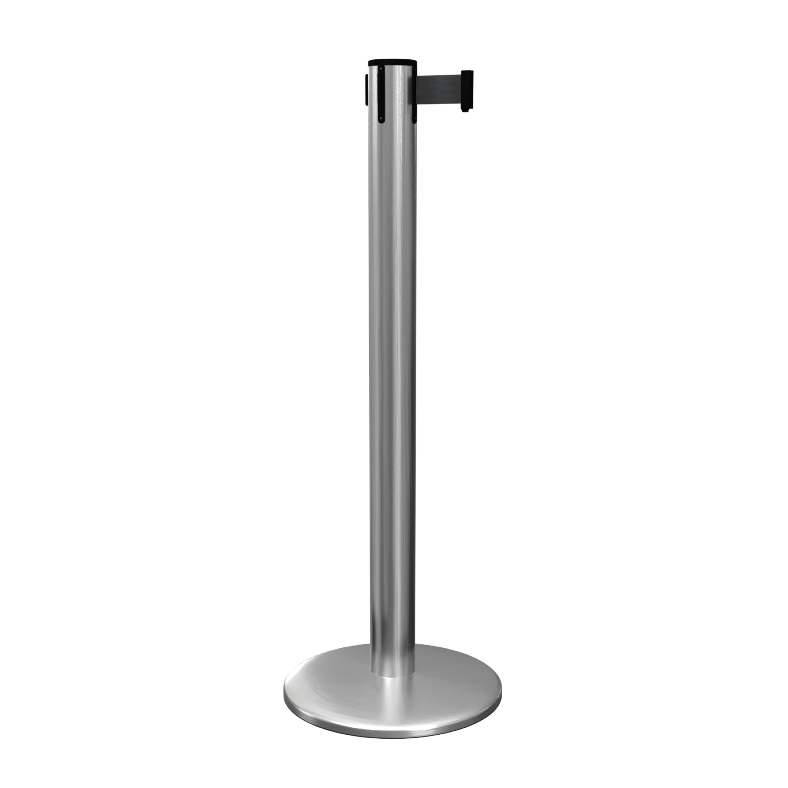 Satin Stainless Steel QueuePro 300 Retractable Barrier Post with Black Tape Satin Stainless Steel QueuePro 300 Retractable Barrier Post with Black Tape, Retracting Barrier Post, Retractable Stanchion, Metal Retractable Barrier, Commercial Retractable