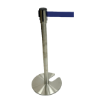 Stackable Retractable Barrier Post with Blue Tape. Bases have a notch out to be able to stack the posts.