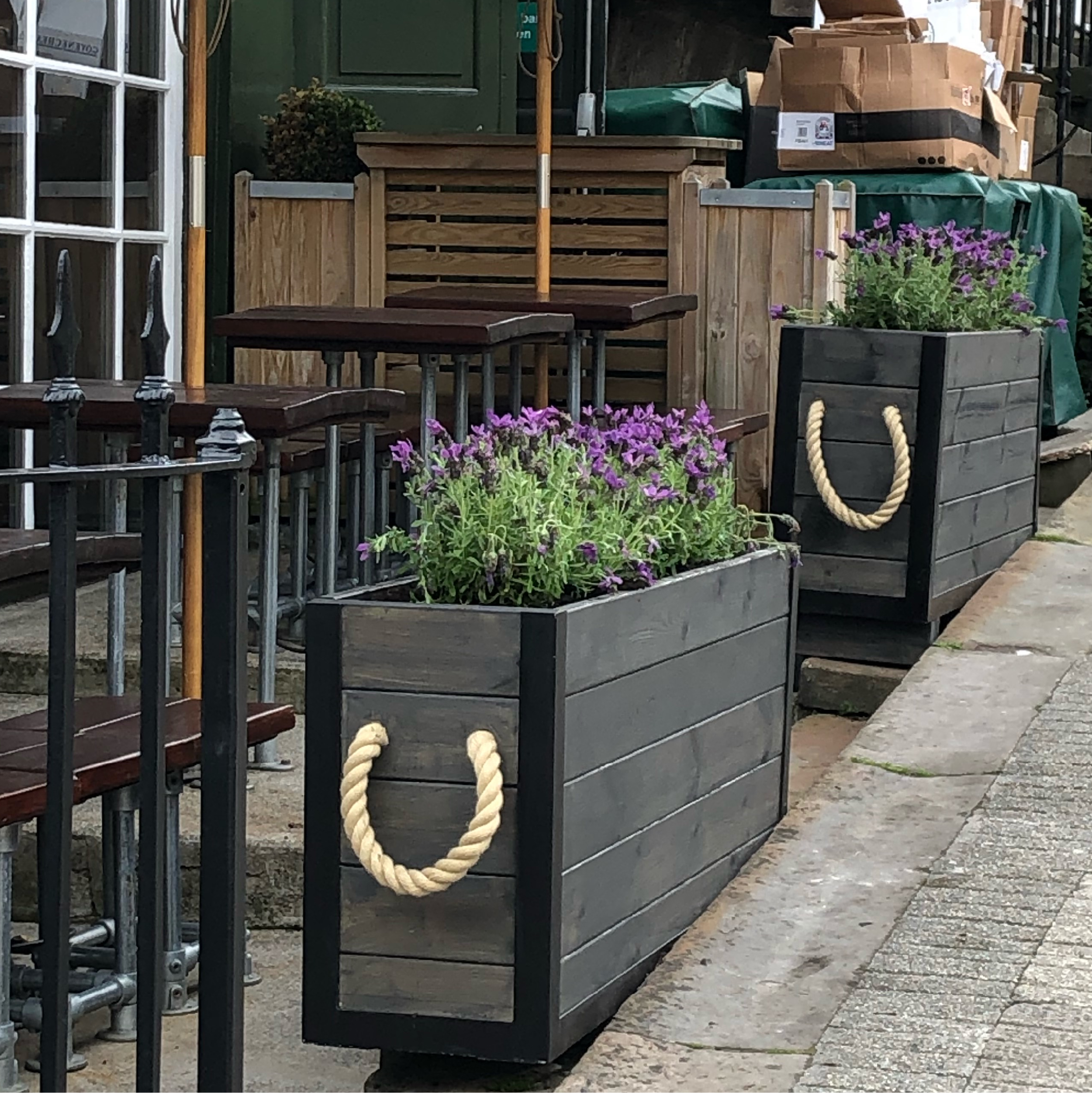The Magnum - Baylis Industrial Cafe Planter The Magnum Baylis Industrial Cafe Planters, Wooden Planters, Commercial Planters, Bespoke Planters, Planter with Trellis, Outdoor Planters, Hospitality Planters, Custom-Made Planters, Cafe Planters, Planters on Wheels, Moveable Planters, Black Ropes