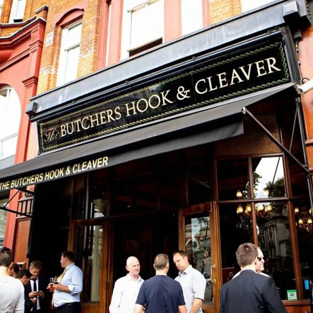 Butchers Hook & Cleaver Awning in Black with White Logo Butchers Hook & Cleaver Awning in Black with White Logo