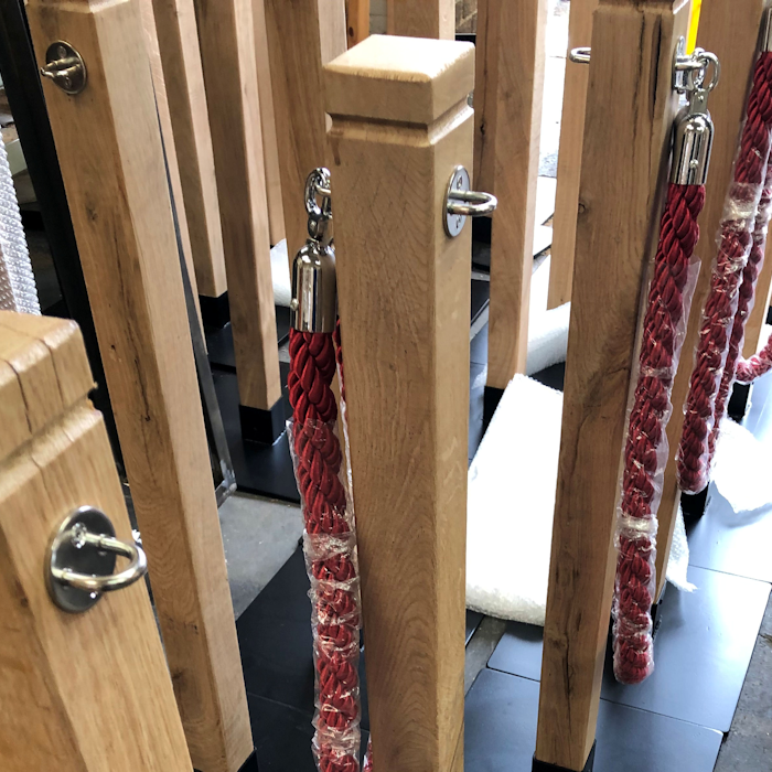 Rustic Rope Barrier with Stainless Steel Wall Plates and Rope Braided Rope Handmade Rustic Wooden Traditional Rope Barrier Post with Stainless Steel Wall Plates and Red Custom Length Braided Rope.