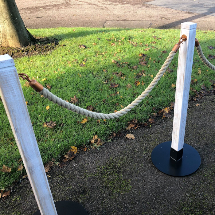 Rustic Rope Barriers with Round Base with Bronze Fittings and Polyhemp Rope Rustic Traditional Rope Barriers with Round Base, Bronze Fittings & Polyhemp Rope. Bespoke Traditional Rope Barrier Post.