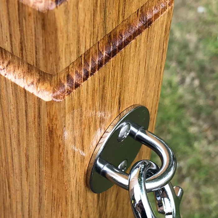 Close Up of a Wall Plate in Stainless Steel on a Rustic Rope Barrier Wooden Rustic Post with Square Base & Polyhemp Barrier Rope. For use with our Cafe Barrier Systems & Cafe Planters.