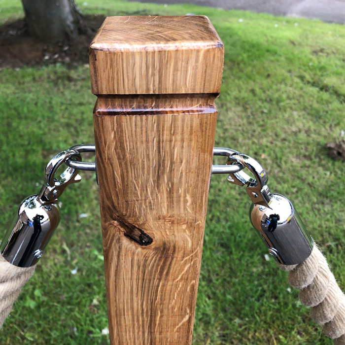 Close Up of Rustic Rope Barrier with Stainless Steel Wall Plates and Polyhemp Rope UK Made Rustic Character Oak Rope Barrier Post with Stainless Steel Wall Plates & Polyhemp Custom Length Braided Rope.