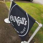 O'Neill's Canvas Café Banner in Black with White Vinyl Logo and Advance Café Barrier Post