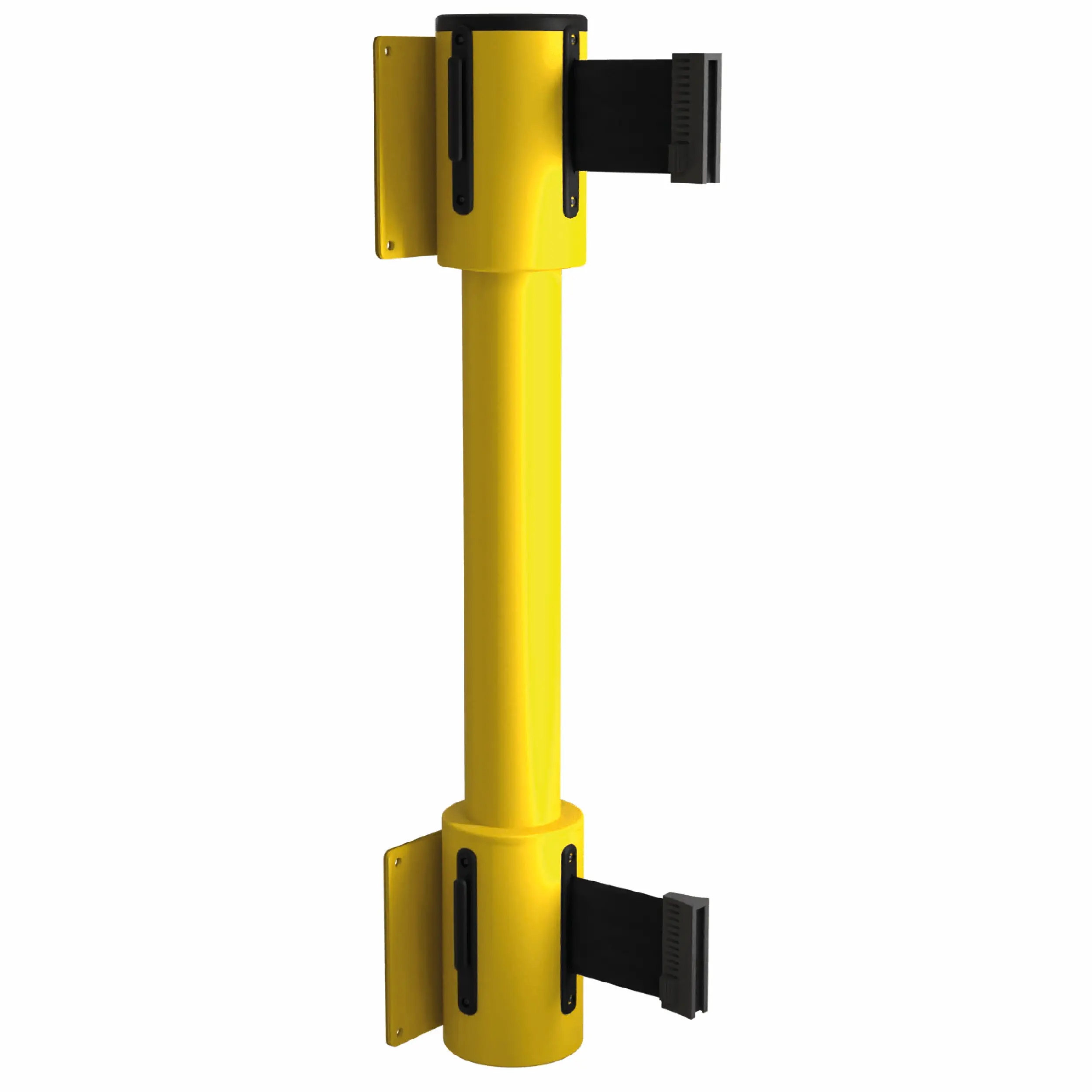 Twin Wall Mounted Retractable Barrier in Yellow Twin Wall Mounted Retractable Barrier, Belt Barrier, Retractable Belt Barriers, Double Belt Barriers, Wall Mounted Belt Barrier, Warehouse Barriers