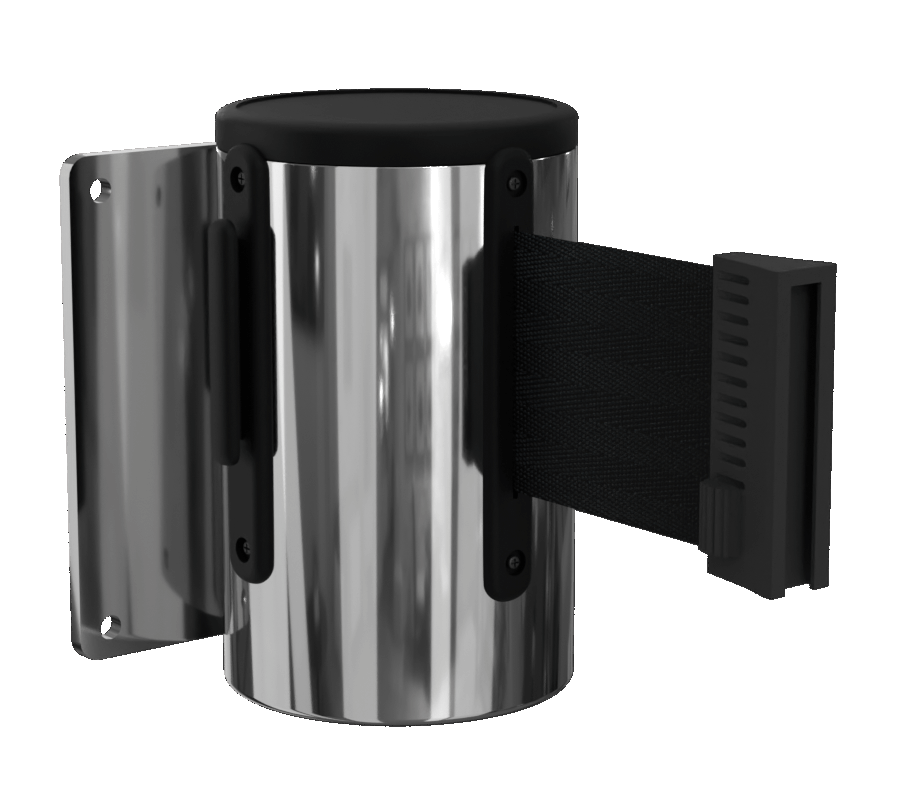 Standard Retractable Wall Mount in Polished Stainless with Black Tape Standard Retractable Wall Mount in Polished Stainless with Black Tape