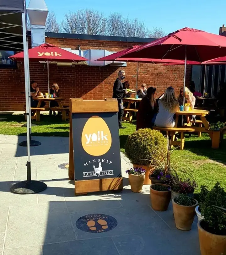 Ravello Parasol in Red with Yellow logo for Yolk Kitchen Ravello Parasol in Red with Yellow logo for Yolk Kitchen