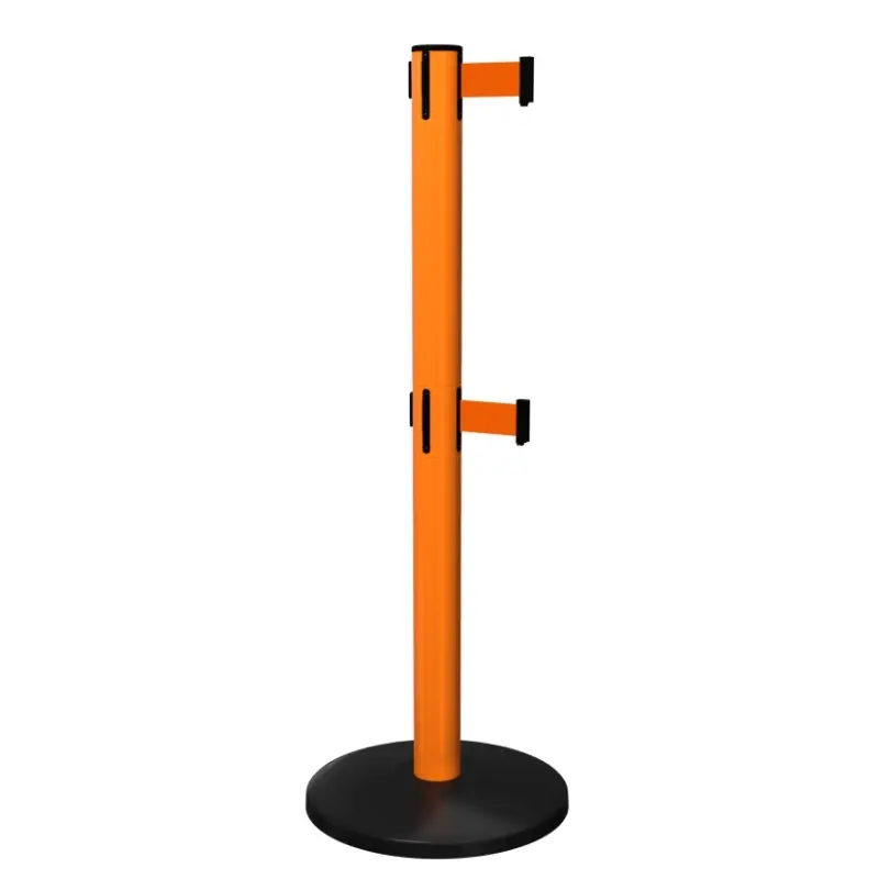 SafetyMaster Twin Retractable Barrier Post in Orange with Orange Tape SafetyMaster Twin Retractable Barrier Post in Orange with Orange Tape, Retracting Barrier Post, Retractable Stanchion, Metal Retractable Barrier, Commercial Retractable