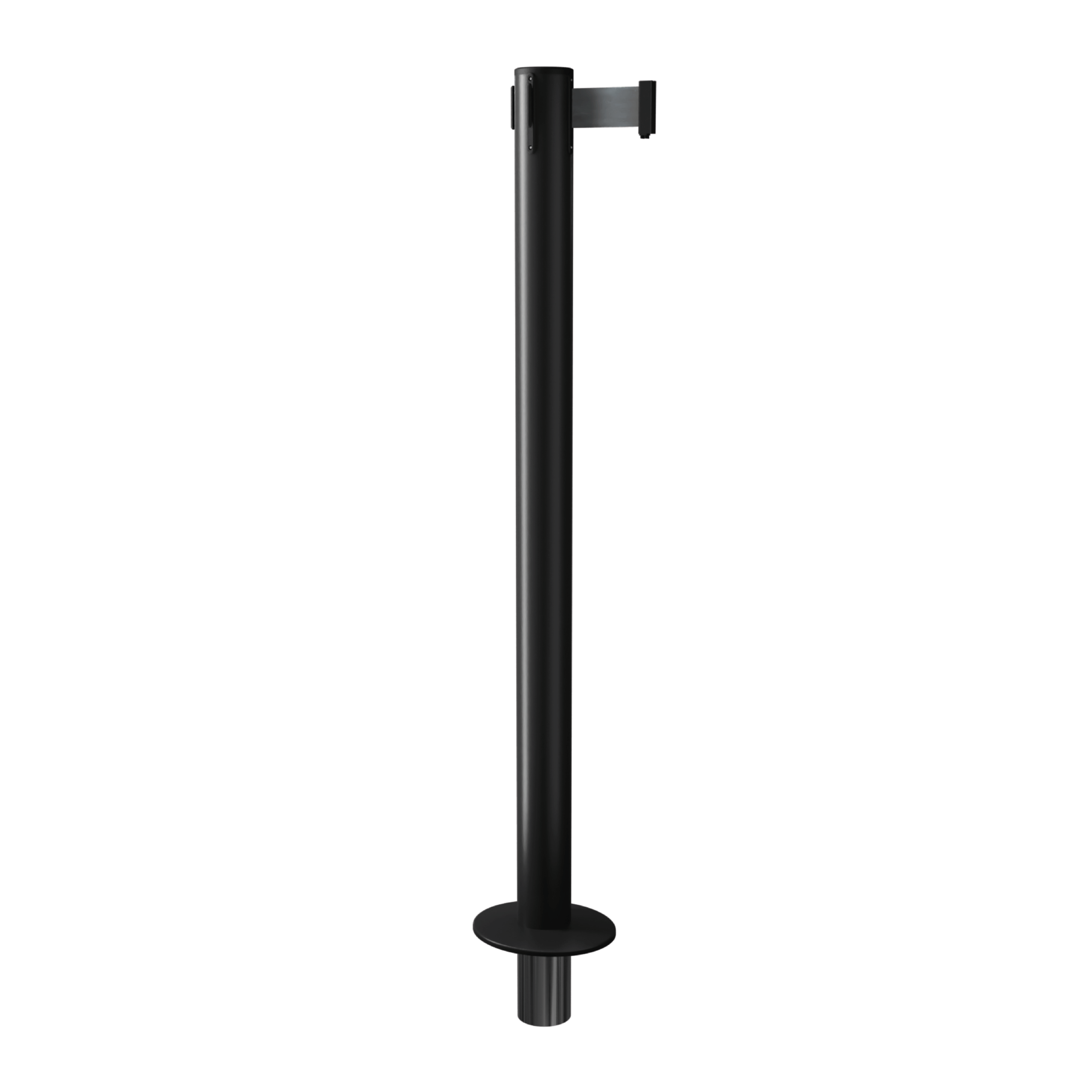 Black QueuePro 251 Retractable Barrier Post with Socket Mount Base and Black Tape Black QueuePro 251 Retractable Barrier Post with Socket Mount Base and Black Tape, Retracting Barrier Post, Retractable Stanchion, Metal Retractable Barrier, Commercial Retractable