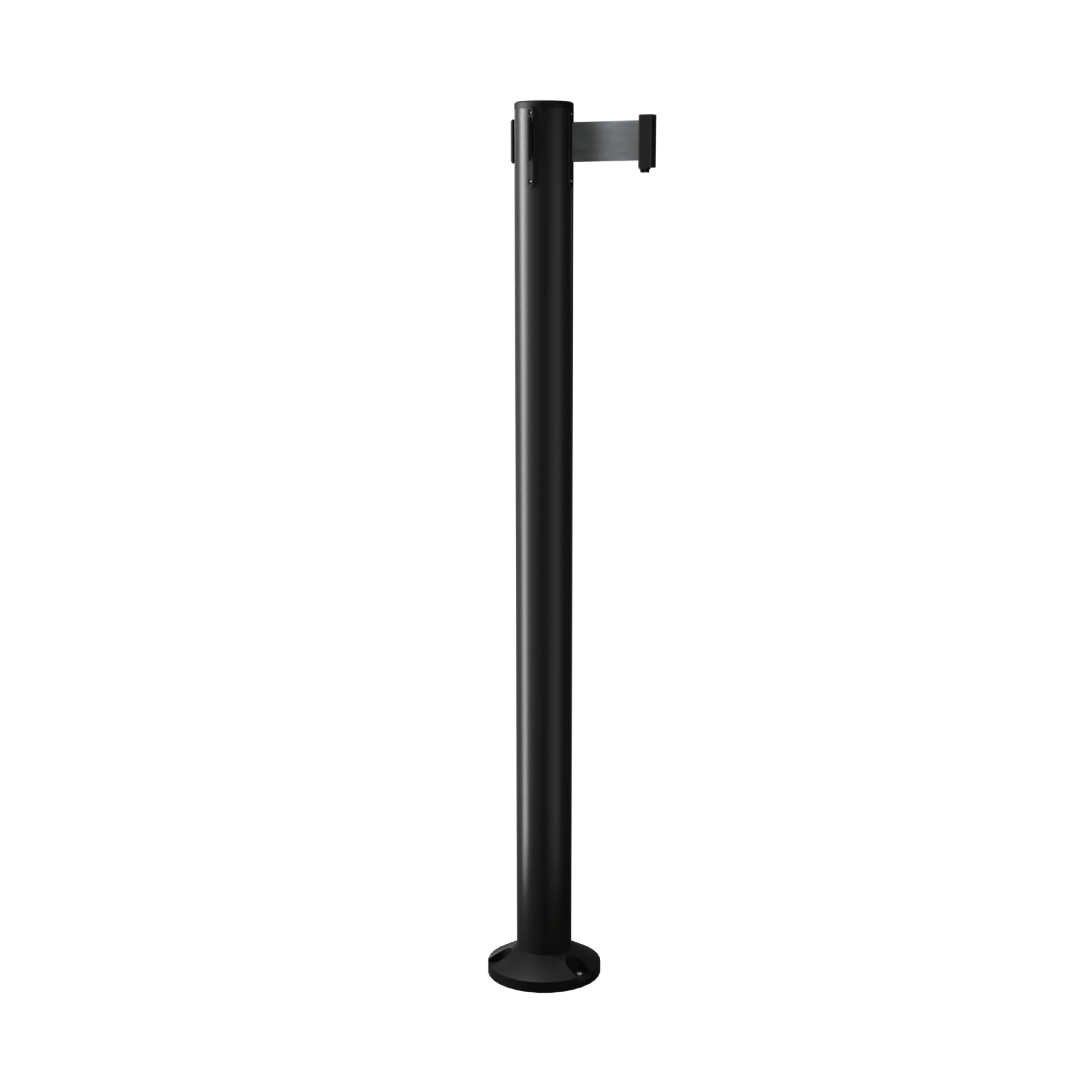 Black QueuePro 251 Retractable Barrier Post with Surface Mount Base and Black Tape Black QueuePro 251 Retractable Barrier Post with Surface Mount Base and Black Tape, Retracting Barrier Post, Retractable Stanchion, Metal Retractable Barrier, Commercial Retractable