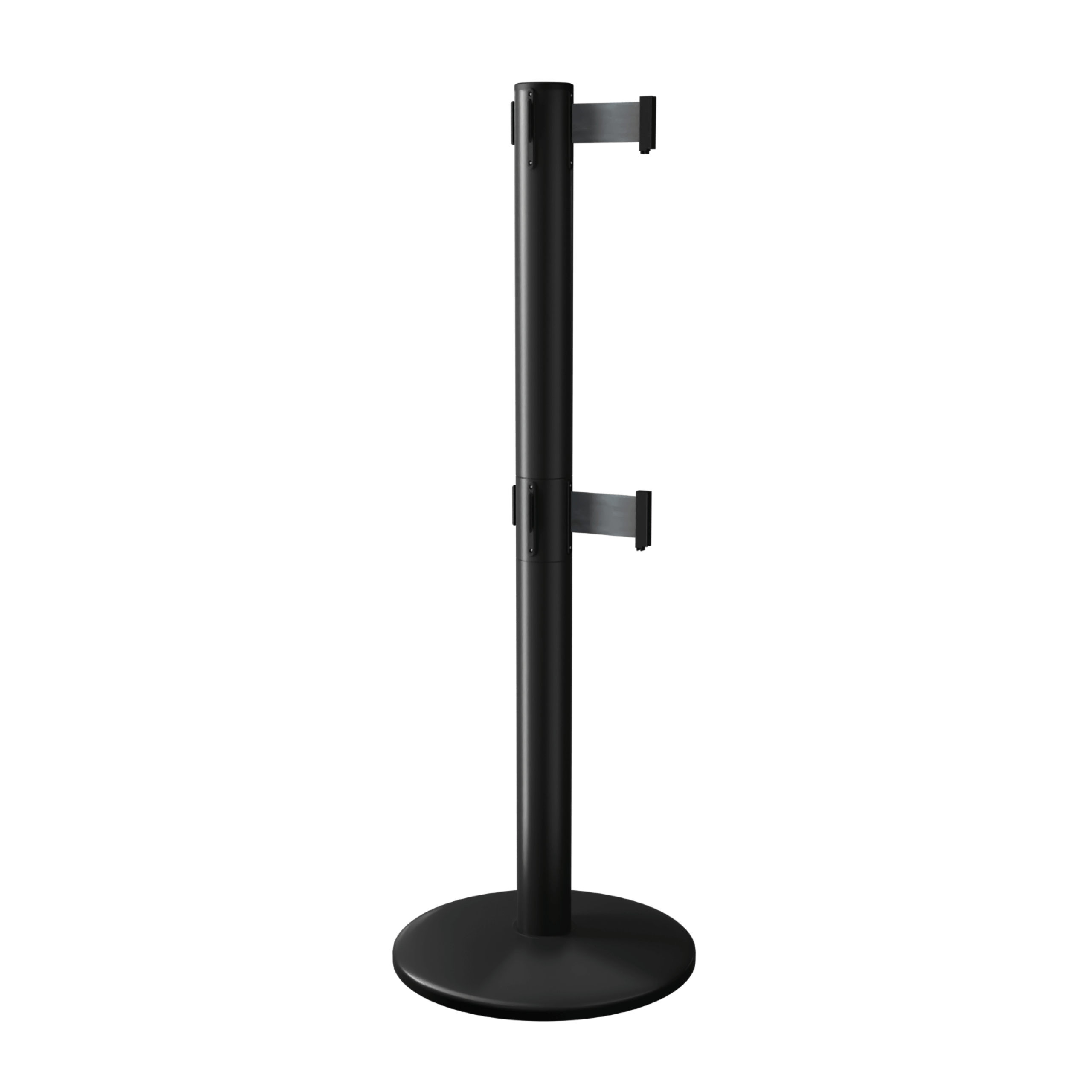 Black QueuePro 251 Twin Retractable Barrier Post with Black Tape Black QueuePro 251 Twin Retractable Barrier Post with Black Tape, Retracting Barrier Post, Retractable Stanchion, Metal Retractable Barrier, Commercial Retractable