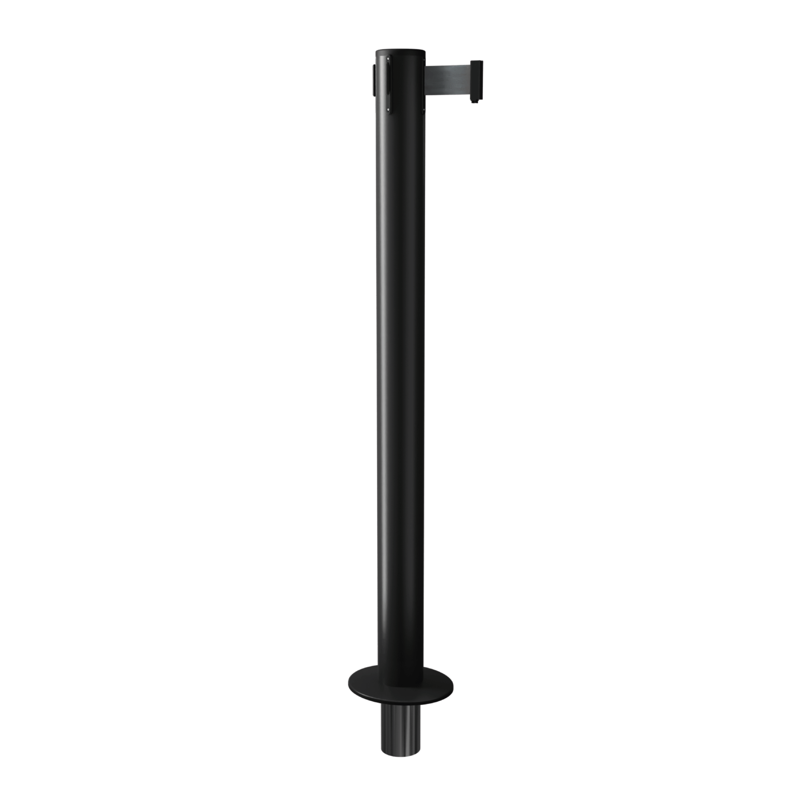Black QueuePro 300 Retractable Barrier Post with Socket Mount Base and Black Tape Black QueuePro 300 Retractable Barrier Post with Socket Mount Base and Black Tape, Retracting Barrier Post, Retractable Stanchion, Metal Retractable Barrier, Commercial Retractable