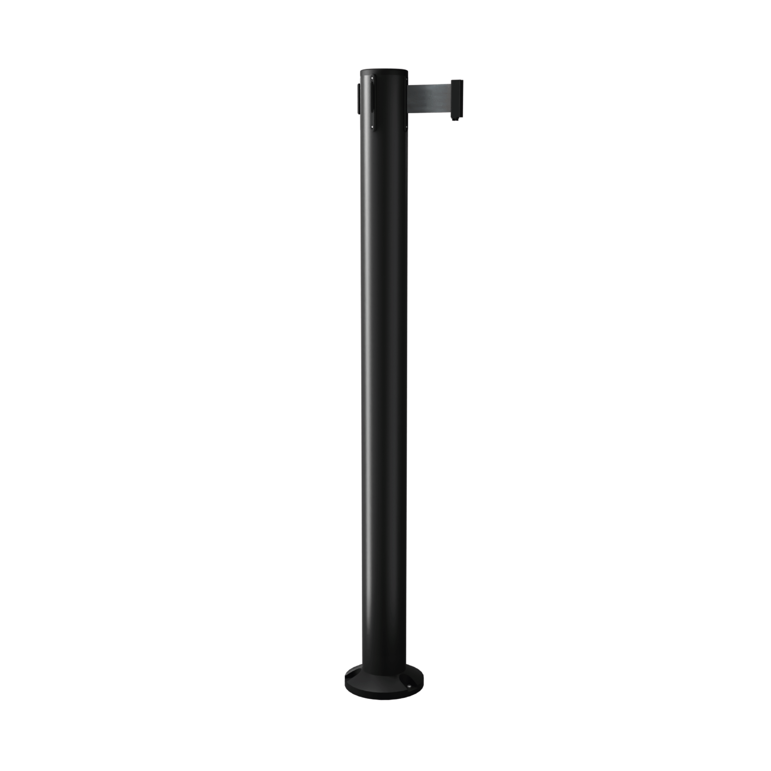 Black QueuePro 300 Retractable Barrier Post with Surface Mount Base and Black Tape Black QueuePro 300 Retractable Barrier Post with Surface Mount Base and Black Tape, Retracting Barrier Post, Retractable Stanchion, Metal Retractable Barrier, Commercial Retractable