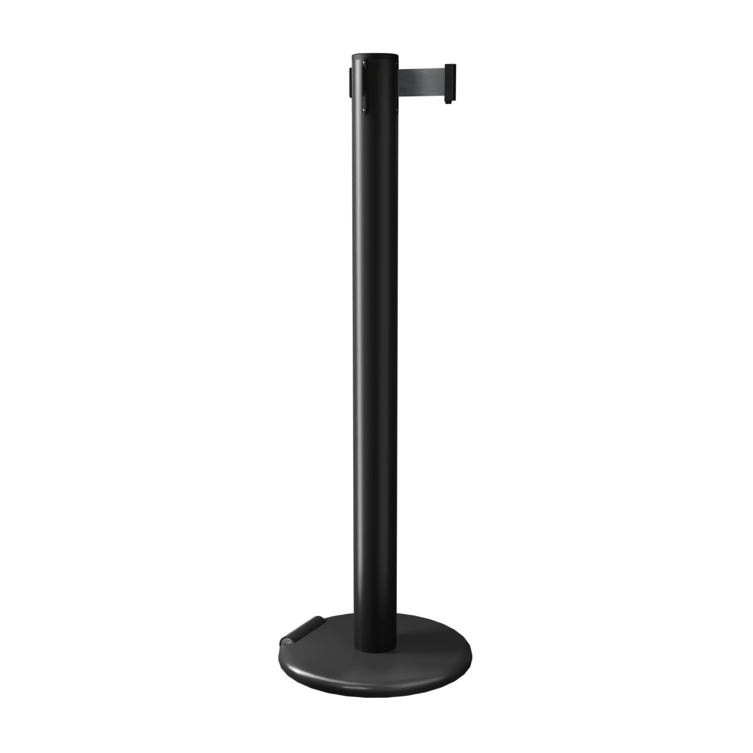 Black RollerPro 300 Retractable Barrier Post with Black Tape and Roller Base Black RollerPro 300 Retractable Barrier Post with Black Tape and Roller Base, Retracting Barrier Post, Retractable Stanchion, Metal Retractable Barrier, Commercial Retractable