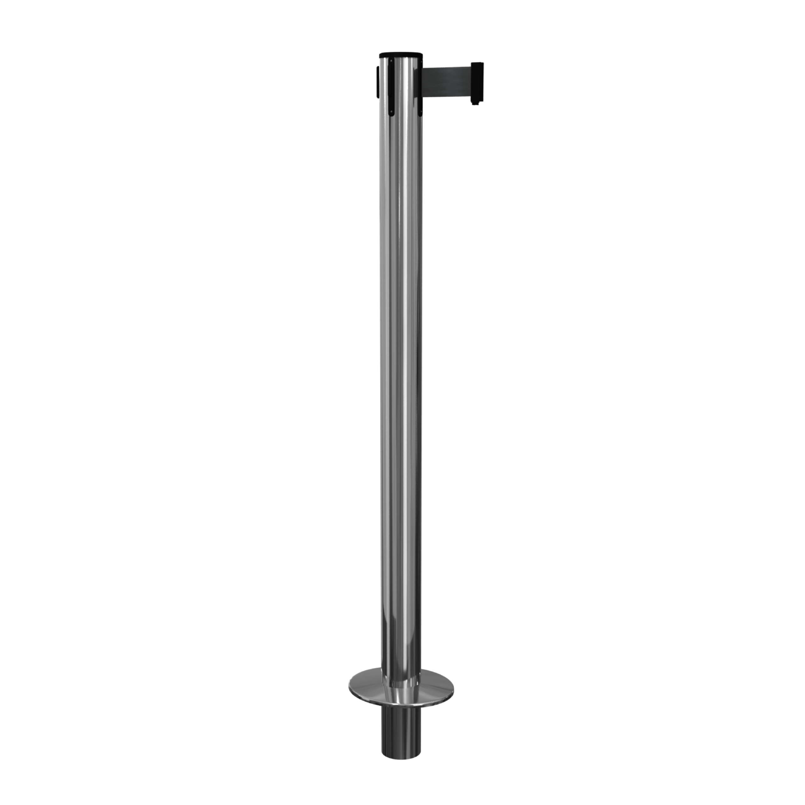 Polished Stainless Steel QueuePro 251 Retractable Barrier Post with Socket Mount Base and Black Tape Polished Stainless Steel QueuePro 251 Retractable Barrier Post with Socket Mount Base and Black Tape, Retracting Barrier Post, Retractable Stanchion, Metal Retractable Barrier, Commercial Retractable