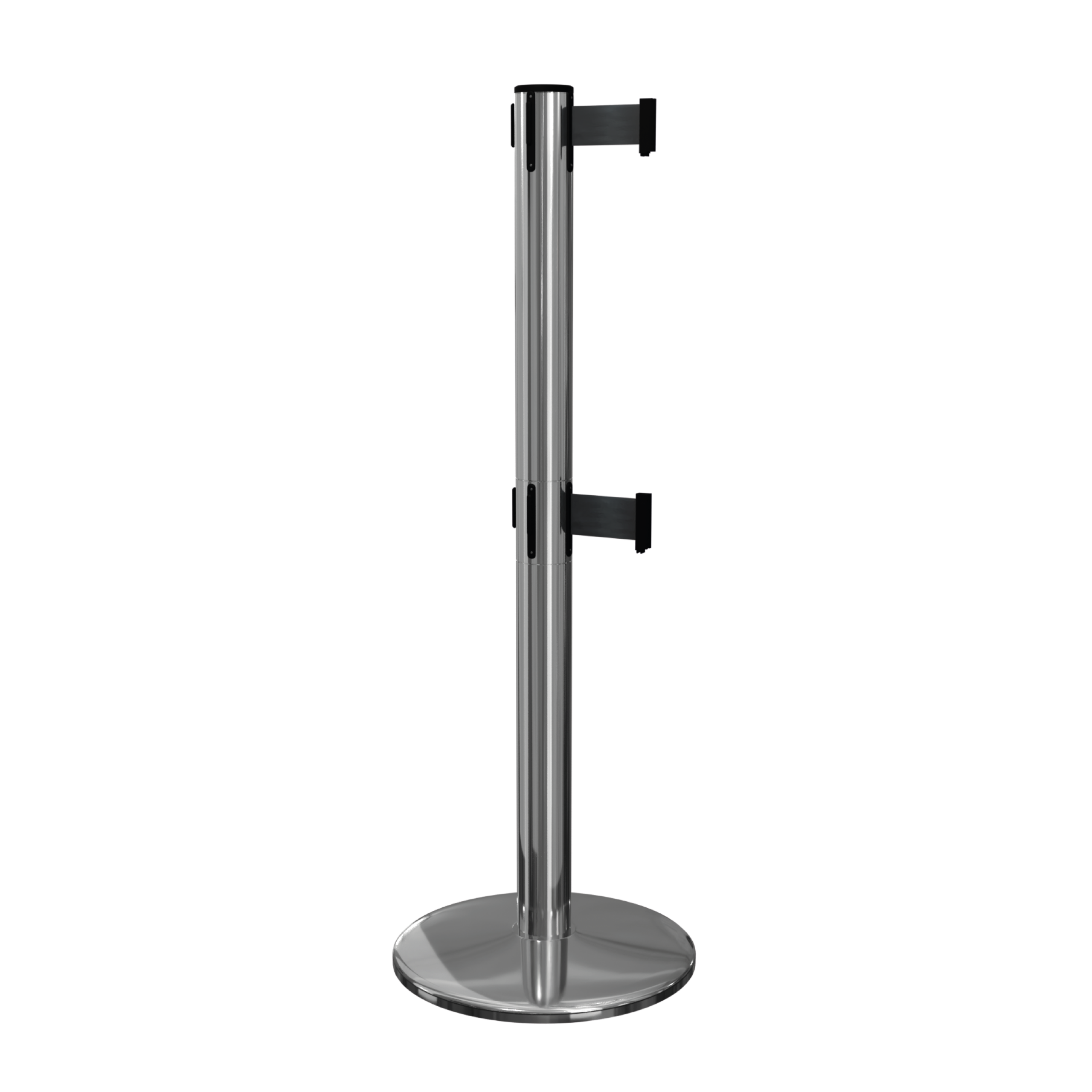 Polished Stainless Steel QueuePro 251 Twin Retractable Barrier Post with Black Tape Polished Stainless Steel QueuePro 251 Twin Retractable Barrier Post with Black Tape, Retracting Barrier Post, Retractable Stanchion, Metal Retractable Barrier, Commercial Retractable