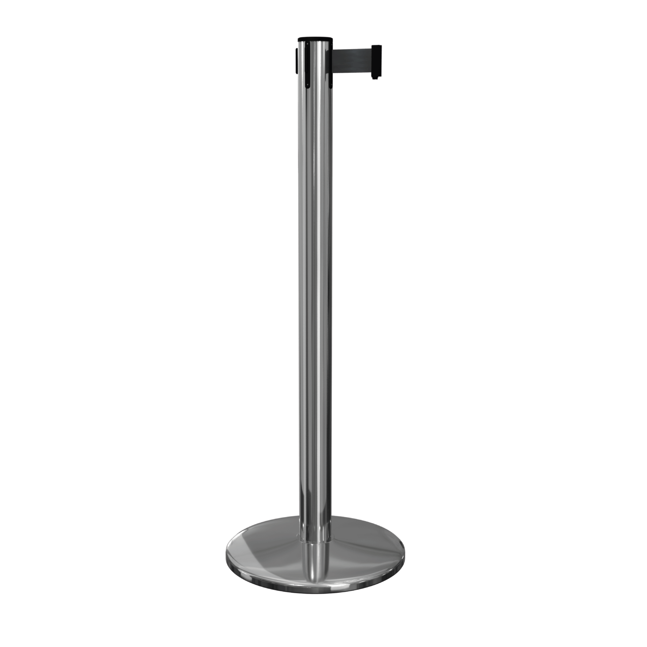 Polished Stainless Steel QueuePro 251 Retractable Barrier Post with Black Tape Polished Stainless Steel QueuePro 251 Retractable Barrier Post with Black Tape, Retracting Barrier Post, Retractable Stanchion, Metal Retractable Barrier, Commercial Retractable