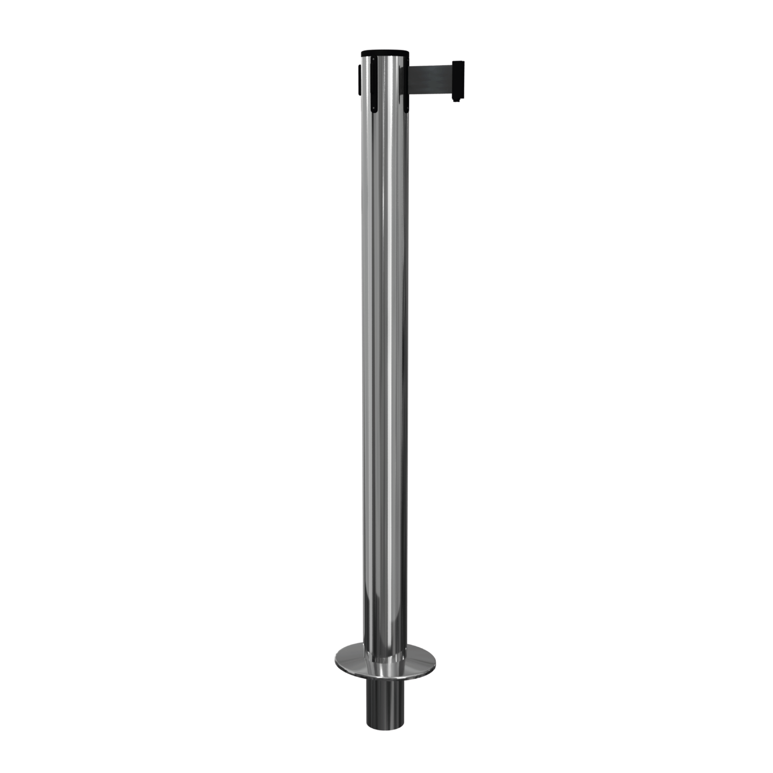 Polished Stainless Steel QueuePro 300 Retractable Barrier Post with Socket Mount Base and Black Tape Polished Stainless Steel QueuePro 300 Retractable Barrier Post with Socket Mount Base and Black Tape, Retracting Barrier Post, Retractable Stanchion, Metal Retractable Barrier, Commercial Retractable