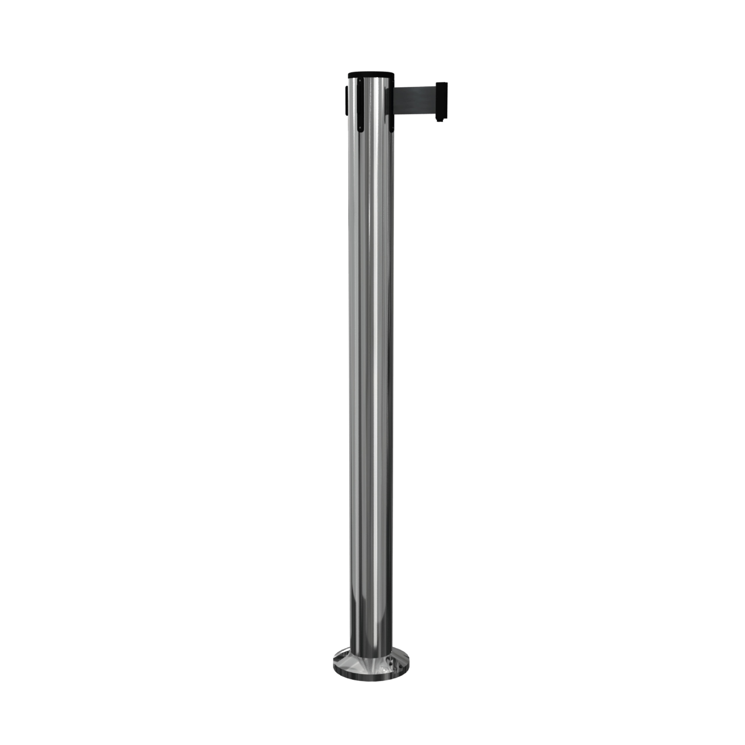 Polished Stainless Steel QueuePro 300 Retractable Barrier Post with Surface Mount Base and Black Tape Polished Stainless Steel QueuePro 300 Retractable Barrier Post with Surface Mount Base and Black Tape, Retracting Barrier Post, Retractable Stanchion, Metal Retractable Barrier, Commercial Retractable