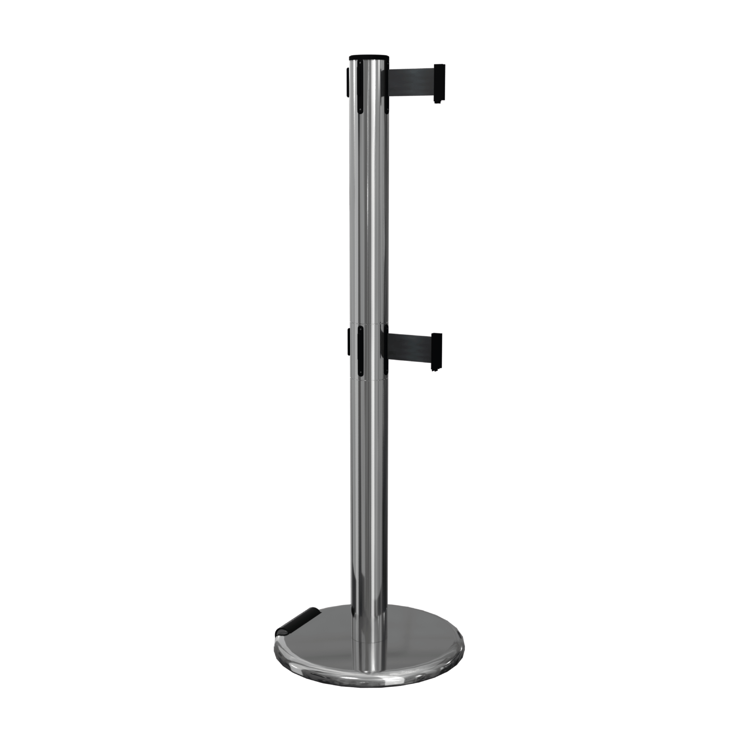 Polished Stainless Steel RollerPro 251 Twin Retractable Barrier Post with Black Tape Polished Stainless Steel RollerPro 251 Twin Retractable Barrier Post with Black Tape, Retracting Barrier Post, Retractable Stanchion, Metal Retractable Barrier, Commercial Retractable