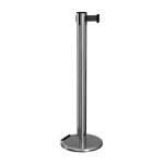 Polished Stainless Steel RollerPro 300 Retractable Barrier Post with Black Tape and Roller Base