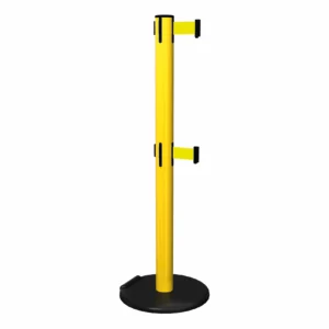 Free Standing Twin Yellow RollerSafety 251 Retractable Barrier Post with Yellow Tape, Retracting Barrier Post, Retractable Stanchion, Metal Retractable Barrier, Commercial Retractable, Safety Belt Barriers, Double Belted Barrier Post
