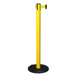 Free Standing Yellow RollerSafety 251 Retractable Barrier Post with Yellow Tape, Retracting Barrier Post, Retractable Stanchion, Metal Retractable Barrier, Commercial Retractable, Safety Belt Barriers, Belted Barrier Post