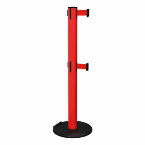 Free Standing Twin Red RollerSafety 300 Retractable Barrier Post with Red Tape, Retracting Barrier Post, Retractable Stanchion, Metal Retractable Barrier, Commercial Retractable, Safety Belt Barriers, Double Belted Barrier Post
