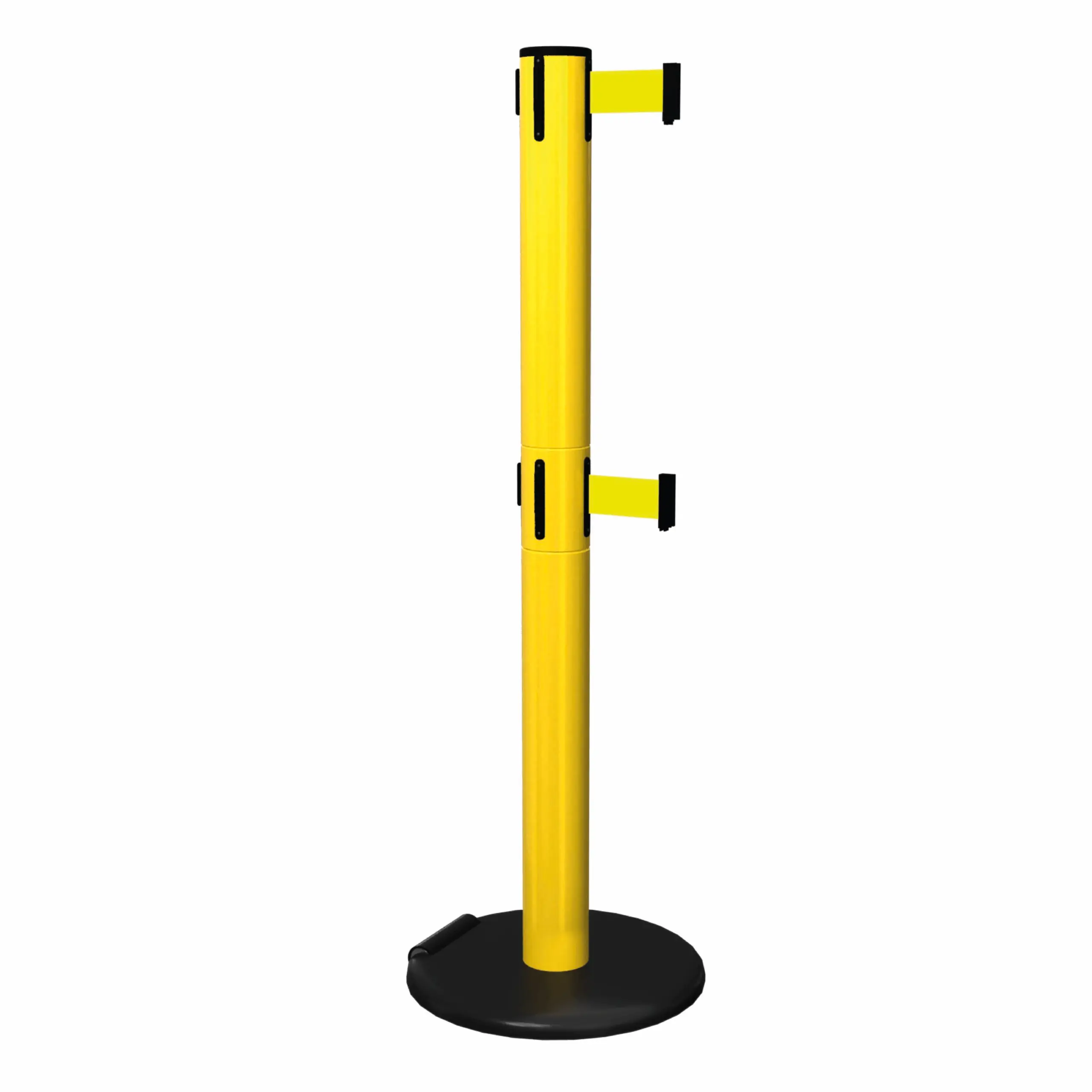 RollerSafety 300 Twin in Yellow Free Standing Twin Yellow RollerSafety 300 Retractable Barrier Post with Yellow Tape, Retracting Barrier Post, Retractable Stanchion, Metal Retractable Barrier, Commercial Retractable, Safety Belt Barriers, Double Belted Barrier Post