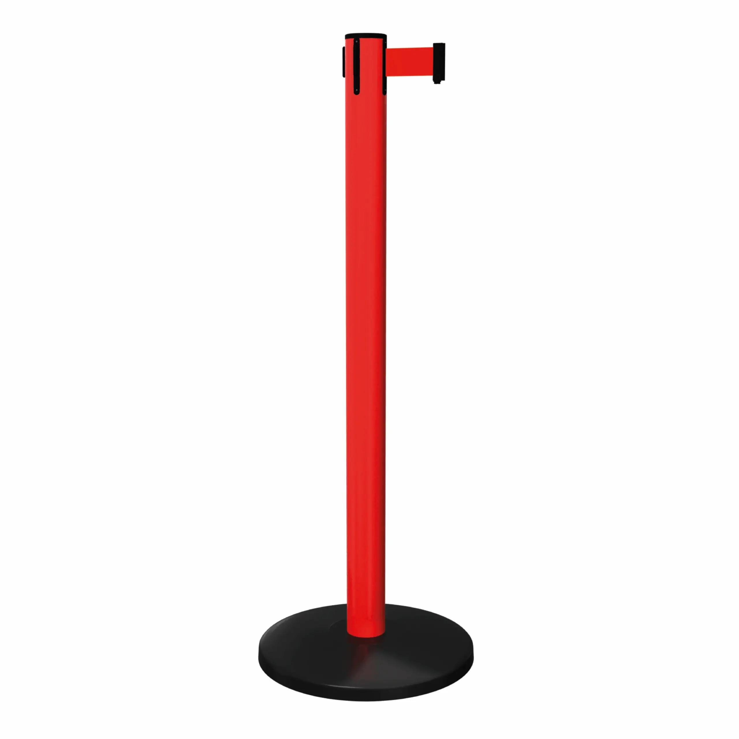 SafetyMaster 450 in Red Free Standing Red SafetyMaster 450 Retractable Barrier Post with Red Tape, Retracting Barrier Post, Retractable Stanchion, Metal Retractable Barrier, Commercial Retractable, Safety Belt Barriers