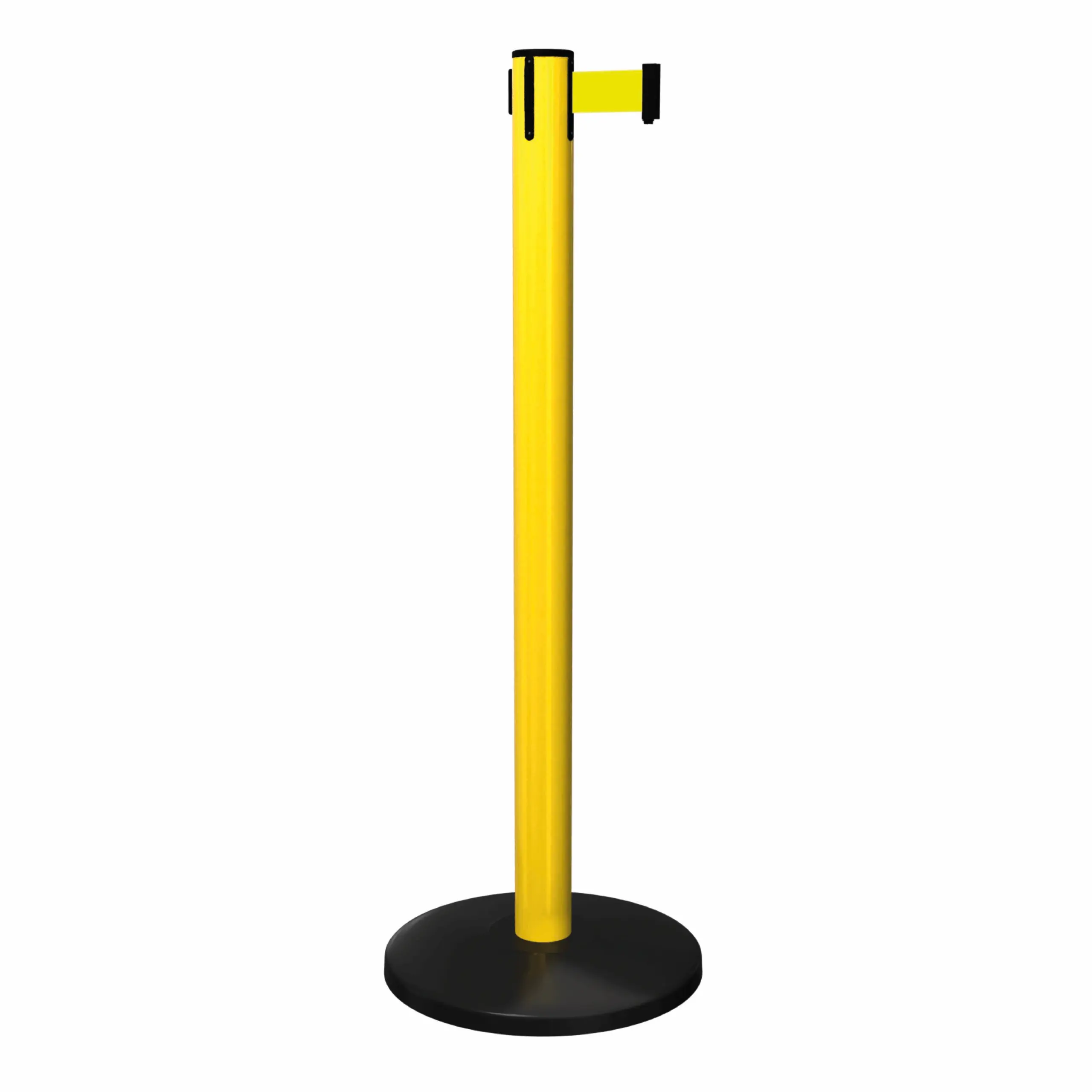 SafetyMaster 450 in Yellow Free Standing Yellow SafetyMaster 450 Retractable Barrier Post with Yellow Tape, Retracting Barrier Post, Retractable Stanchion, Metal Retractable Barrier, Commercial Retractable, Safety Belt Barriers