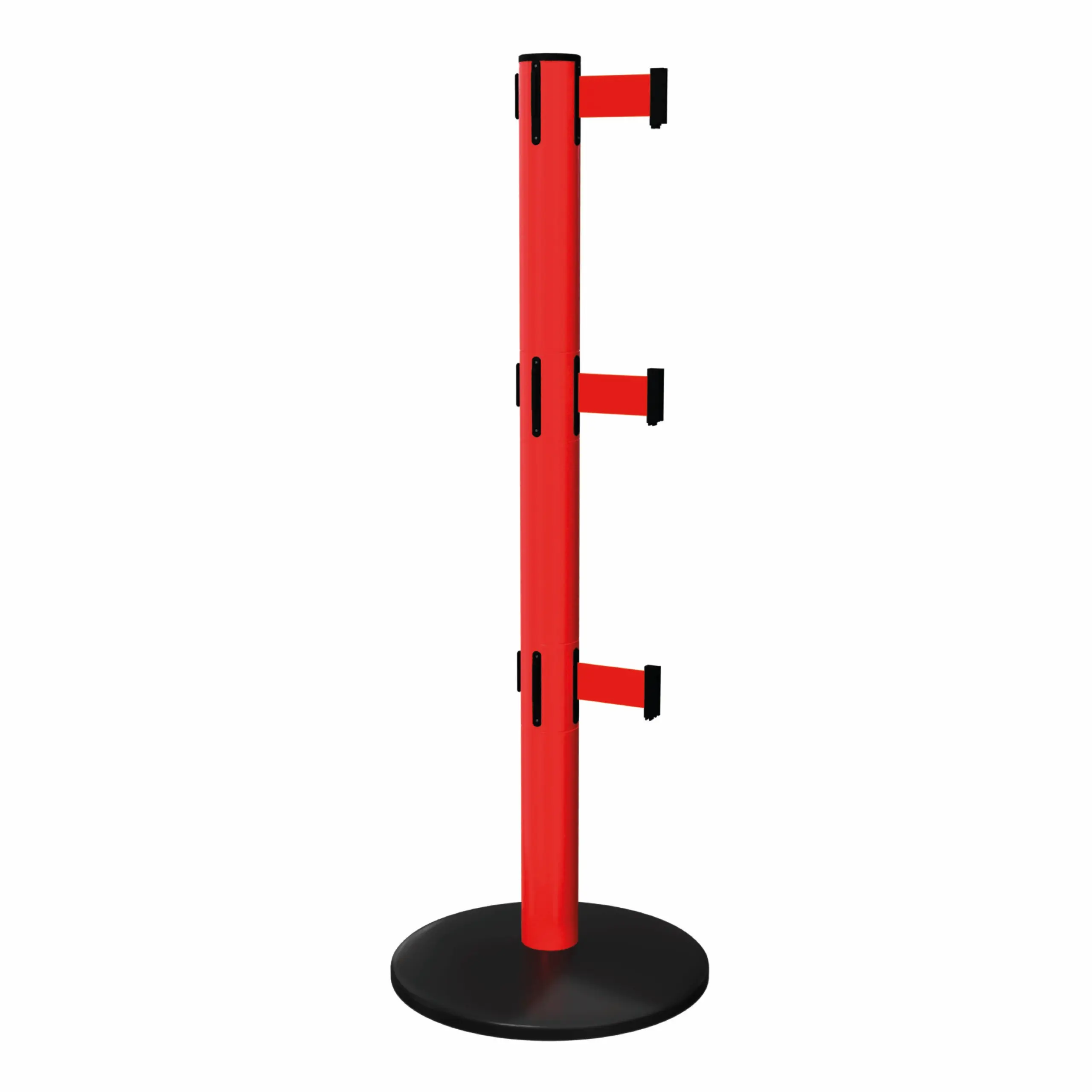 SafetyPro 251 Triple in Red Free Standing Red SafetyPro 251 Triple Retractable Barrier Post with Red Tape, Retracting Barrier Post, Retractable Stanchion, Metal Retractable Barrier, Commercial Retractable, Safety Belt Barriers, Triple Belted Barrier Post